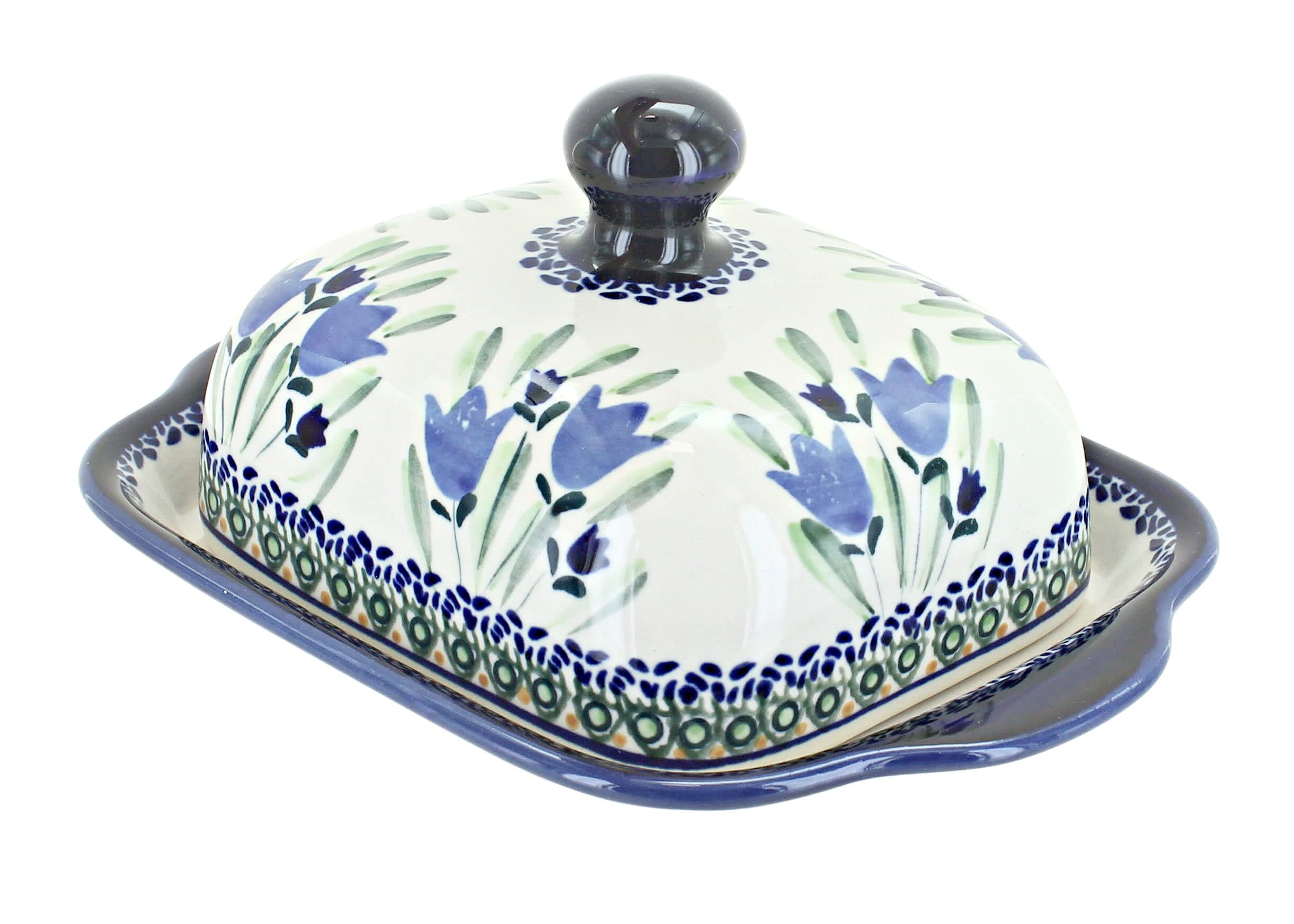 Handmade Polish Pottery Blue Rose & Tulip Square Butter Dish - Elegant Ceramic Butter Keeper for Dining Table, Kitchen Decor, and Gift Giving