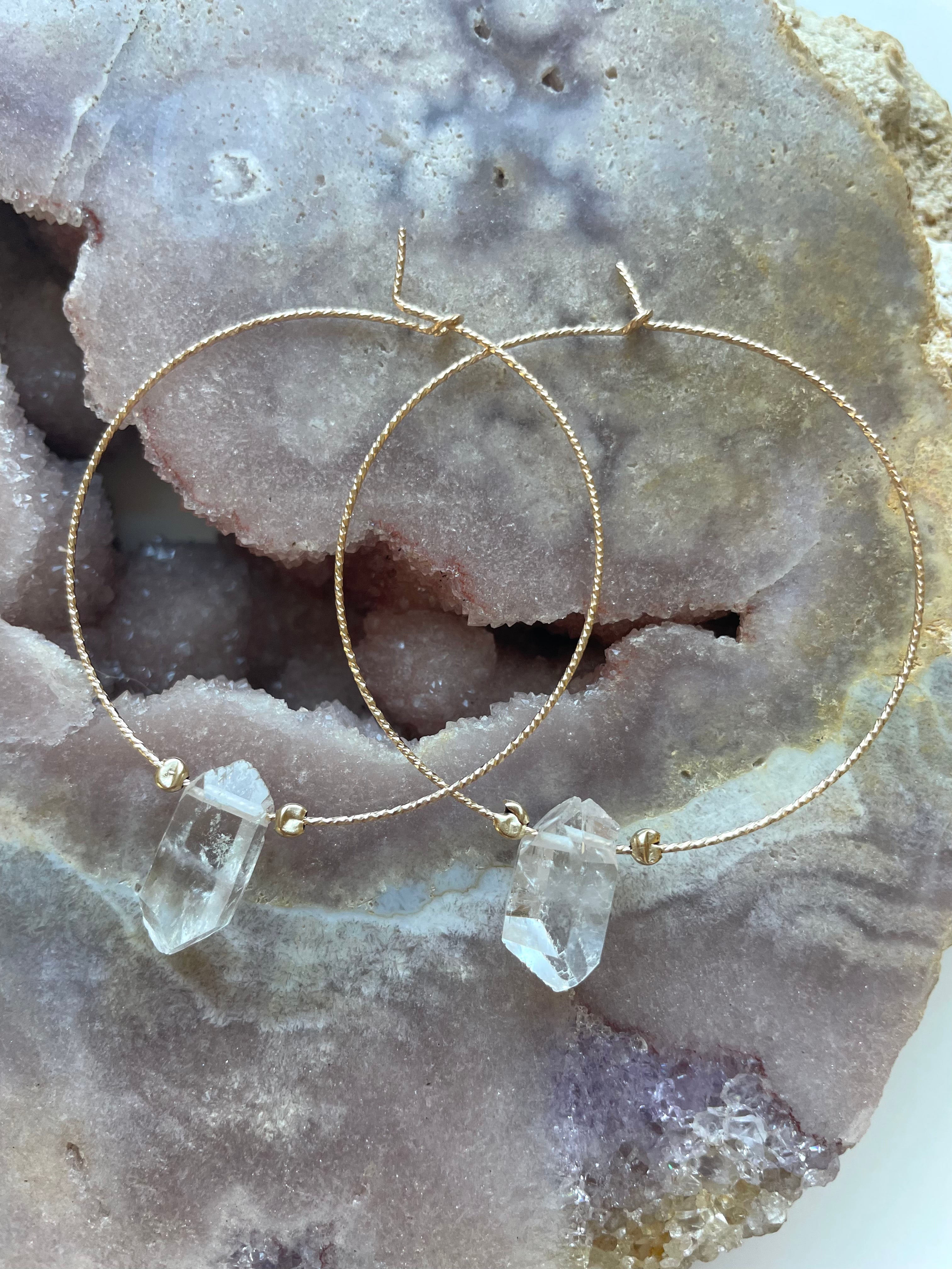 Thin Single Clear Quartz Boho Hoop Earrings for Women - Minimalist Crystal Dangle Earrings for Everyday Wear, Boho Chic Jewelry for Casual Outfits & Special Occasions