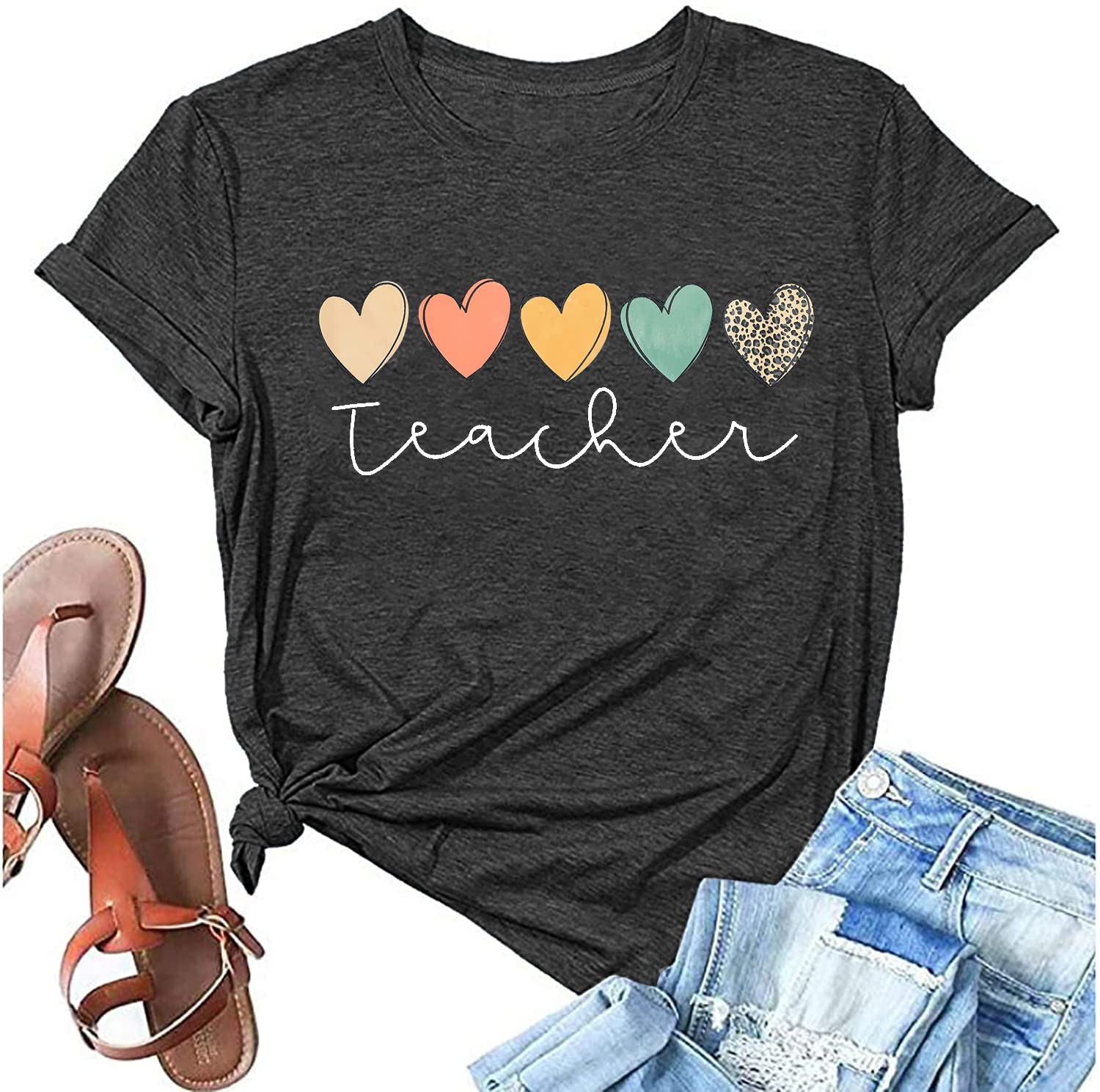 Cute Hearts Graphic Teacher T-Shirt for Women - Boho Style Short Sleeve Casual Summer Top - Perfect for Classroom, Teacher Appreciation Week & Back to School Outfits