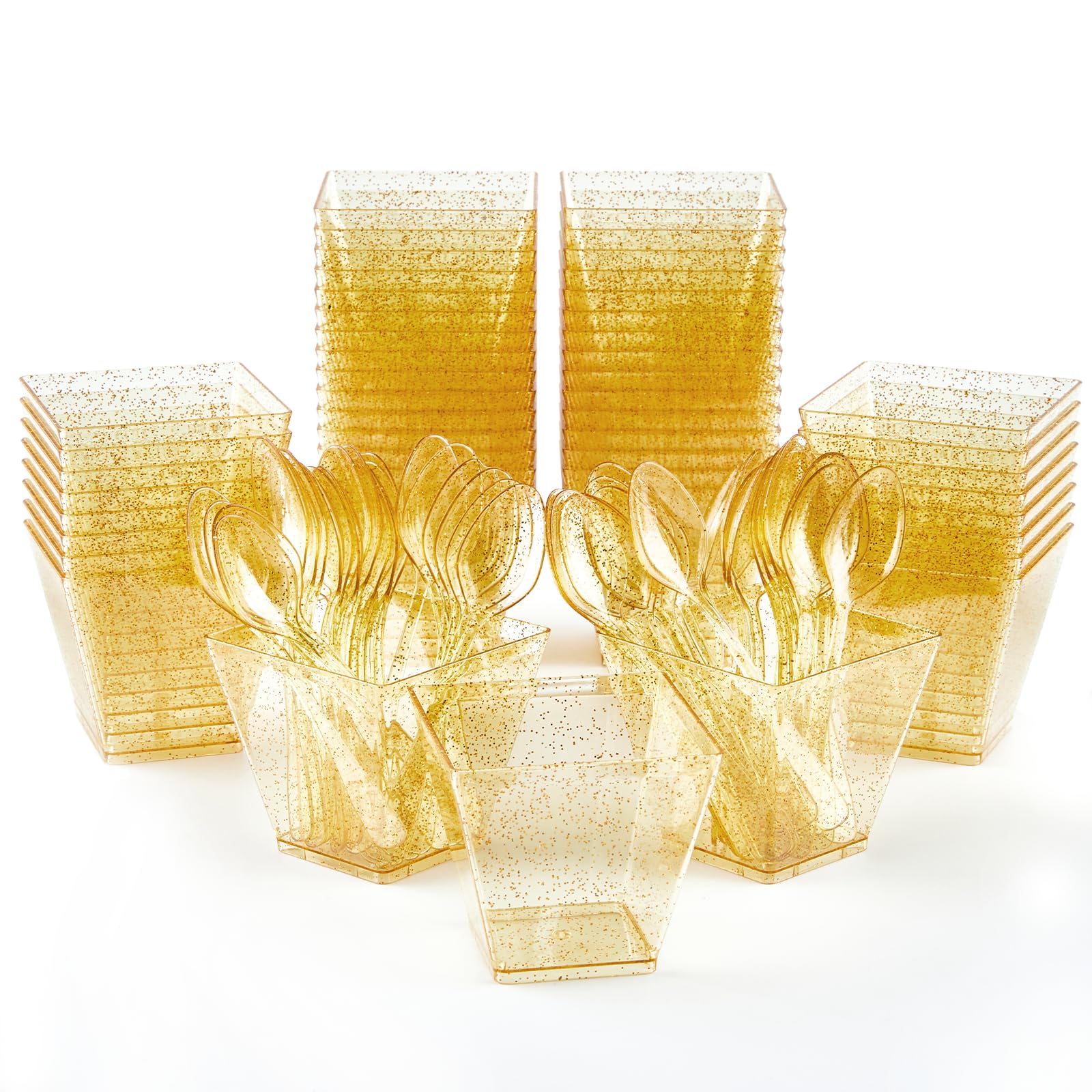 3.5 oz Mini Gold Glitter Plastic Dessert Cups with Spoons - 50 Pack Small Parfait Shooter Cups for Party Appetizers, Banana Pudding, Jello, Ice Cream & Cocktail Serving - Elegant Wedding & Birthday Party Decorations