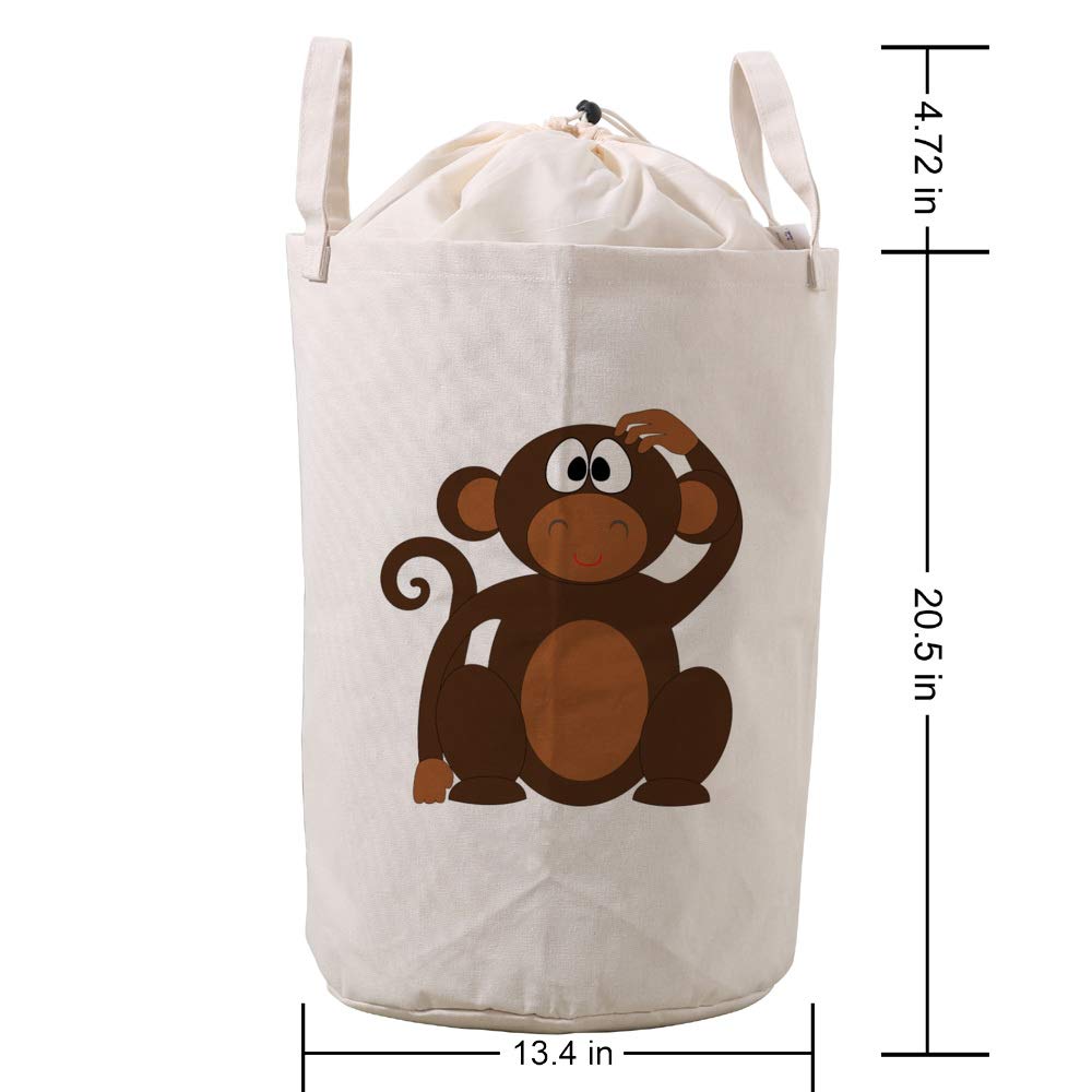 Durable Laundry Hamper with Handles - Large Waterproof Collapsible Clothes Storage Bag for Dirty Laundry - Cotton Linen Drawstring Basket with Monkey/Chimp Design - Perfect for Bedroom, Bathroom, Nursery & Laundry Room Organization