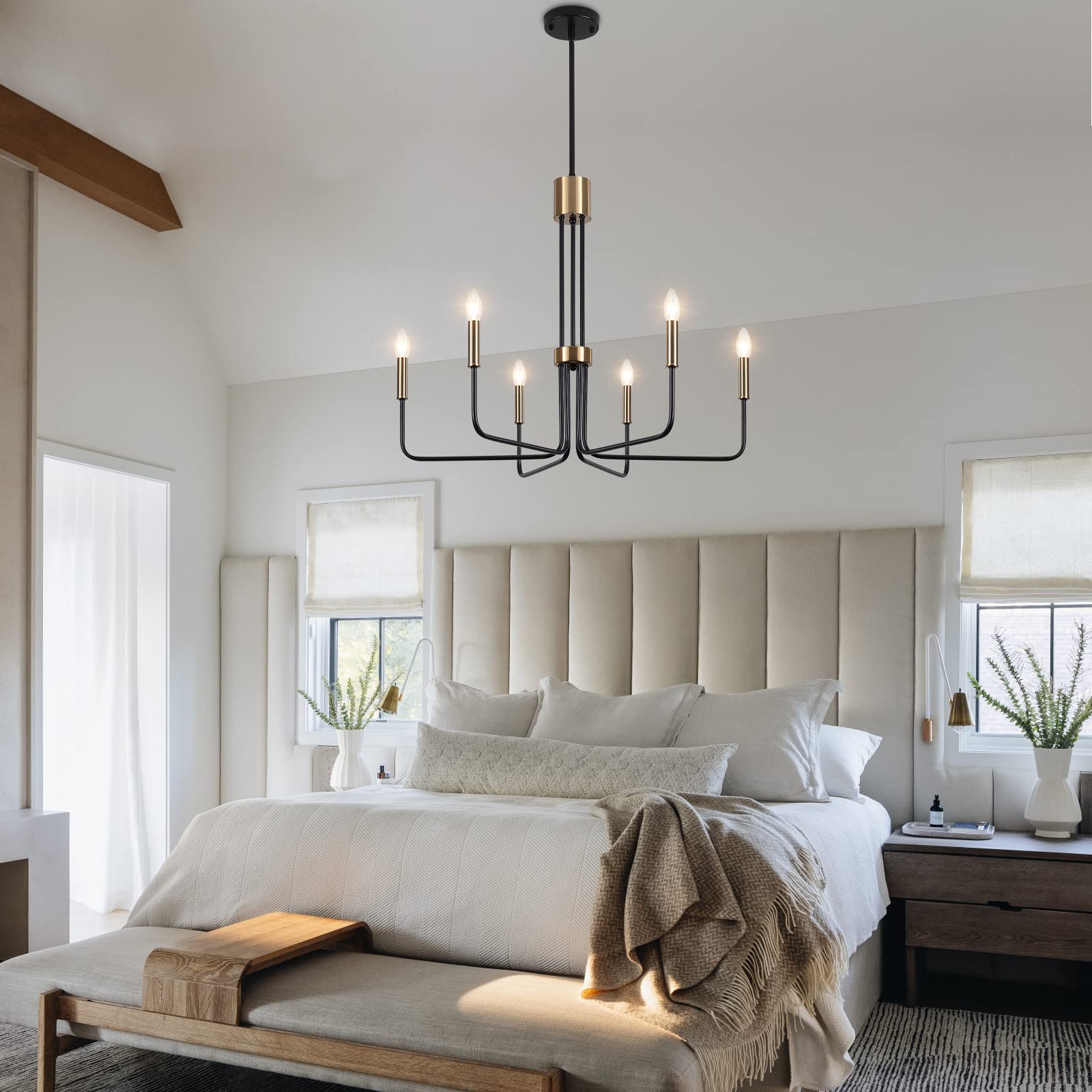 6-Light Modern Farmhouse Chandelier - Black & Gold Dining Room Ceiling Light Fixture - Elegant Kitchen, Living Room, Bedroom & Entryway Lighting - Perfect for Farmhouse, Rustic & Contemporary Home Decor