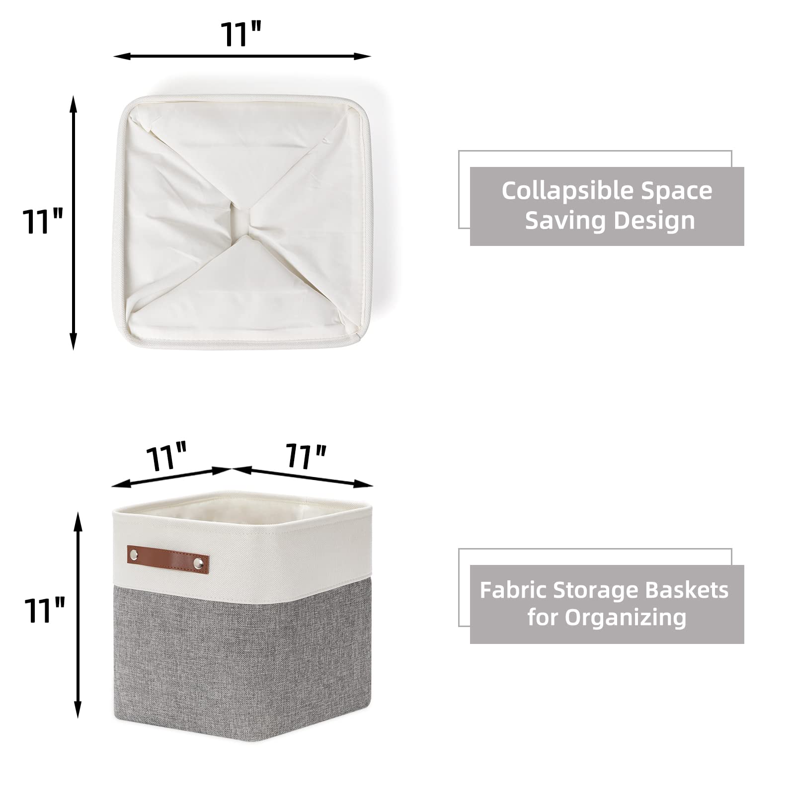 HNZIGE 11x11 Inch Foldable Fabric Cube Storage Bins with Handles - Set of 4 for Home Organization, Shelves, Closet, Nursery & Bedroom - Perfect for Toys, Clothes & Accessories (White & Gray)