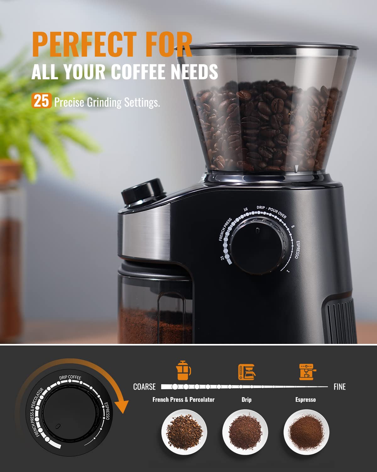 SHARDOR Electric Coffee Grinder with Adjustable Burr Mill - 25 Precise Grind Settings, 40-Second Digital Timer, Quiet Operation for Home & Office Use - Perfect for Espresso, French Press & Cold Brew (Black)