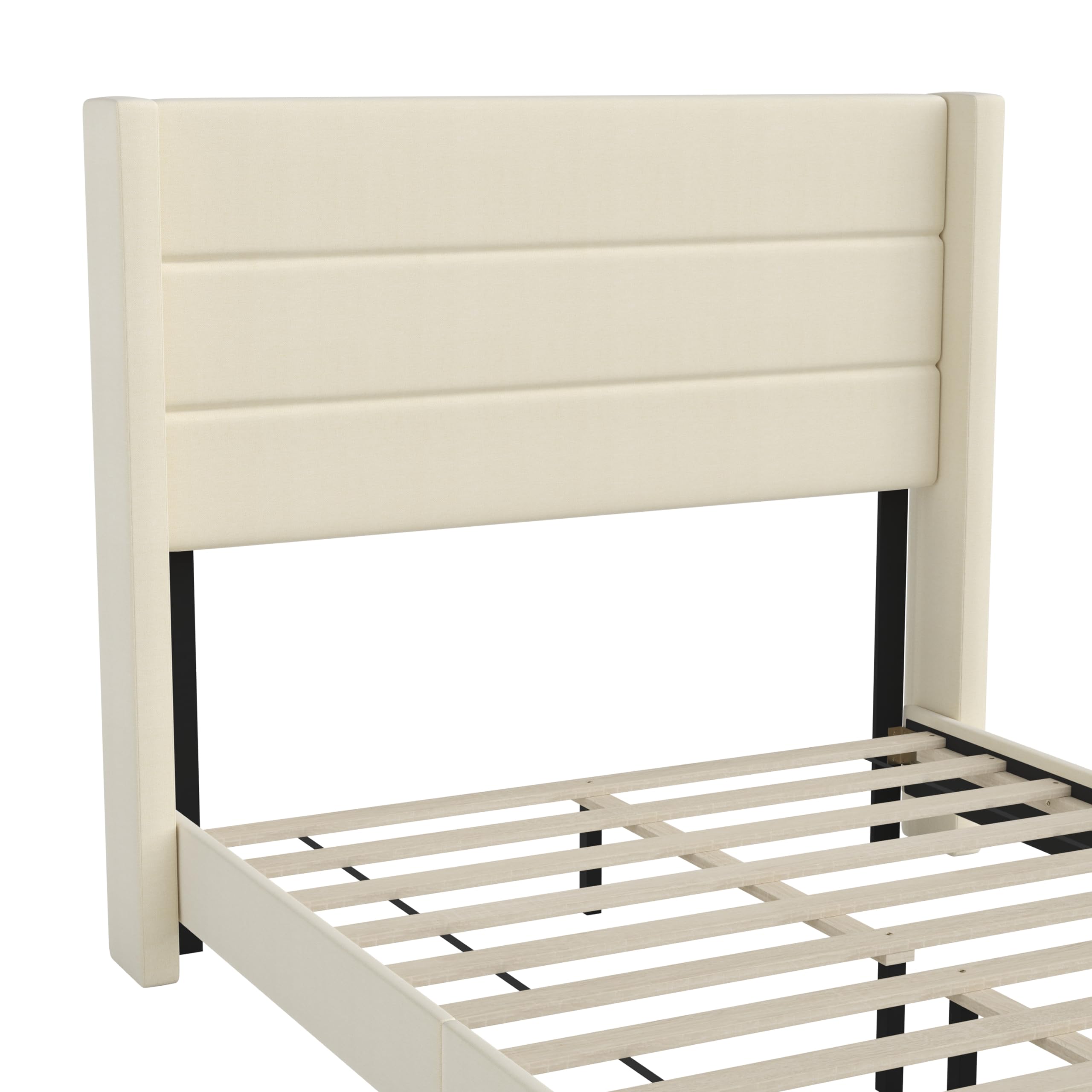 Quinn Upholstered Platform Bed Frame - Full Size with Beige Faux Linen Wingback Headboard & Slatted Mattress Support - No Box Spring Needed - Perfect for Modern Bedrooms & Guest Rooms