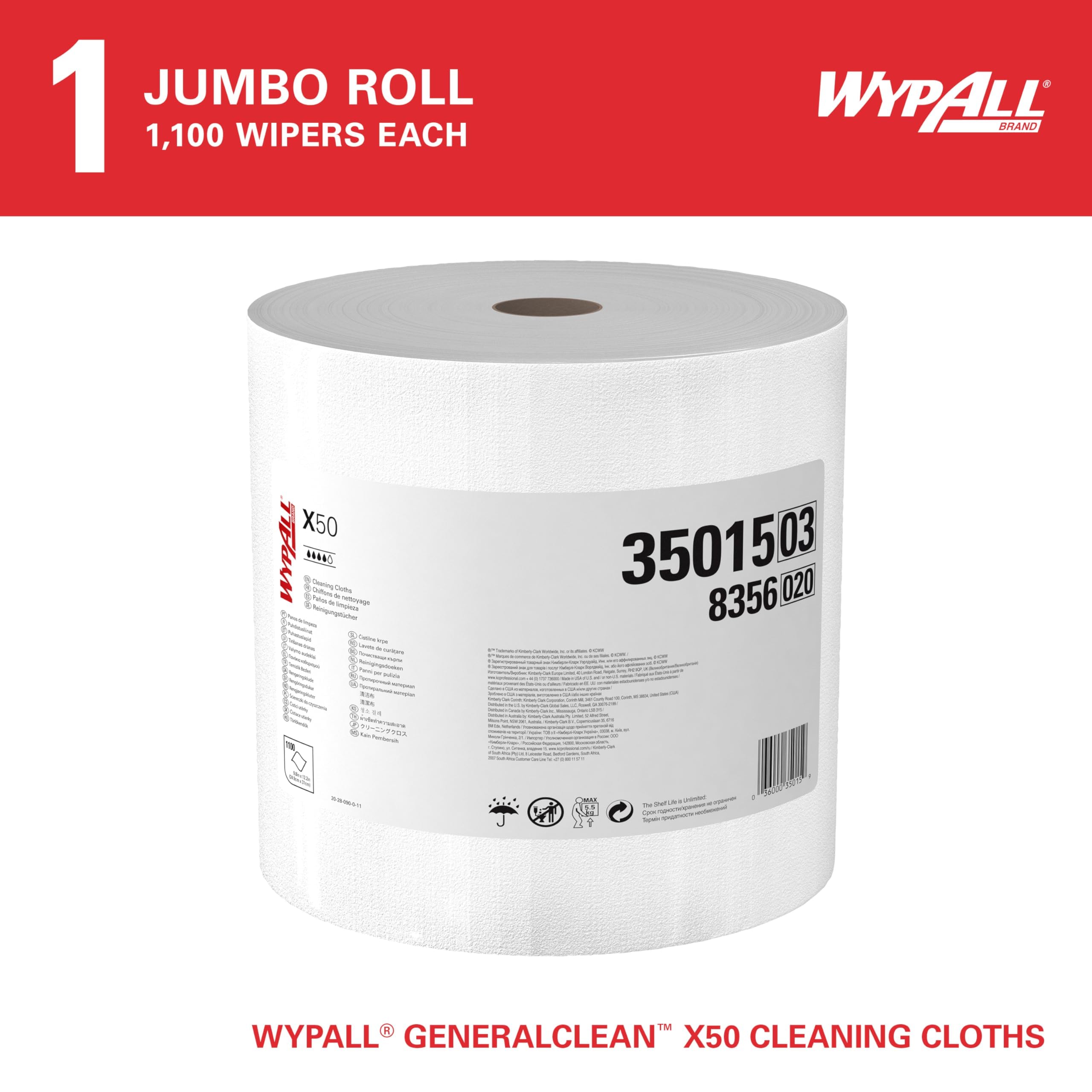 WypAll GeneralClean X50 Heavy-Duty Cleaning Wipes (35015) - Jumbo Roll with 1,100 Strong, Absorbent White Towels for Industrial & Home Use - Perfect for Workshops, Kitchens & Automotive Cleaning