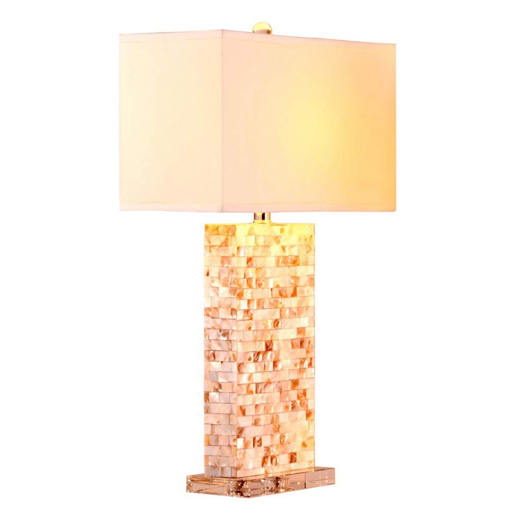 Natural Shell Patch Crystal Base Table Lamp with Open Rectangular Fabric Shade - Bedside Lamp for Living Room, Bedroom, Office & Study - Perfect for Reading, Relaxing & Nightstand Decor
