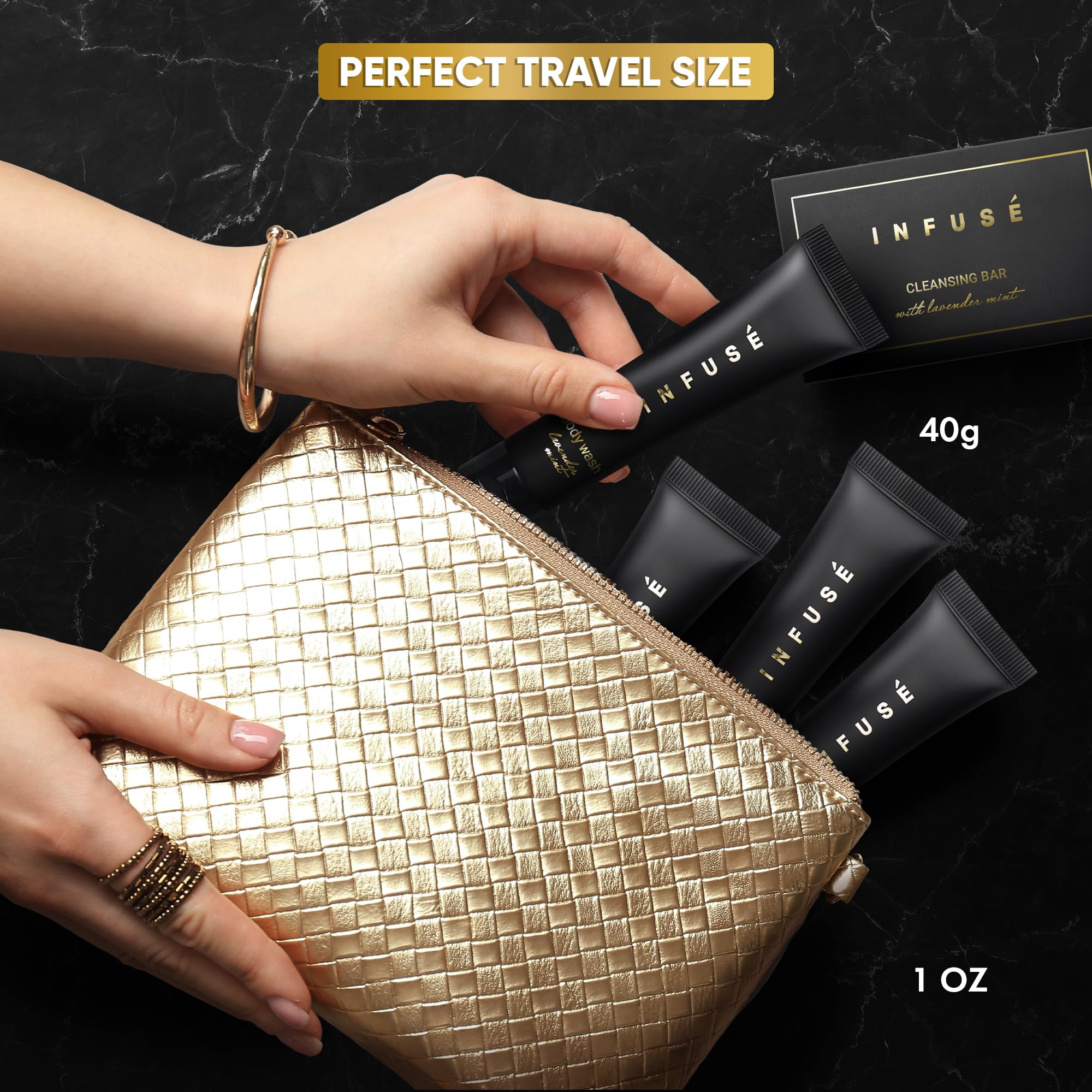 Infuse Black Hotel Soaps and Toiletries Bulk Set - 300 Pieces All-In-One Amenities Kit for Hotels & Airbnb | Includes Travel-Size 1 oz Shampoo, Conditioner, Body Wash, Lotion & 1.25 oz Cleansing Bar | Perfect for Hospitality Industry, Guest Bathrooms, and Luxury Accommodations