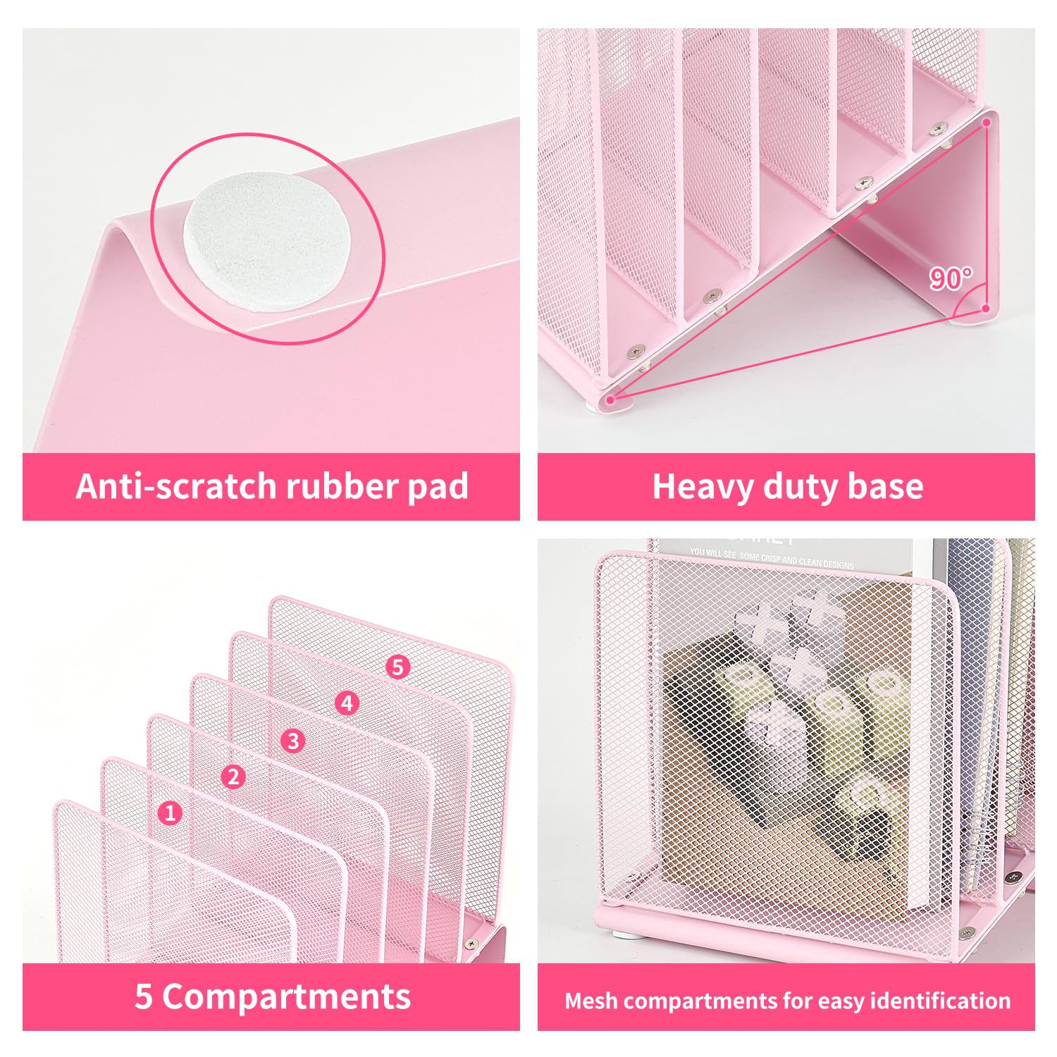 5-Section Vertical File Organizer for Desk - Pink Desk Accessory & Workspace Organizer for Office, Home, School | File Folder Holder, Document Storage, Mail Sorter