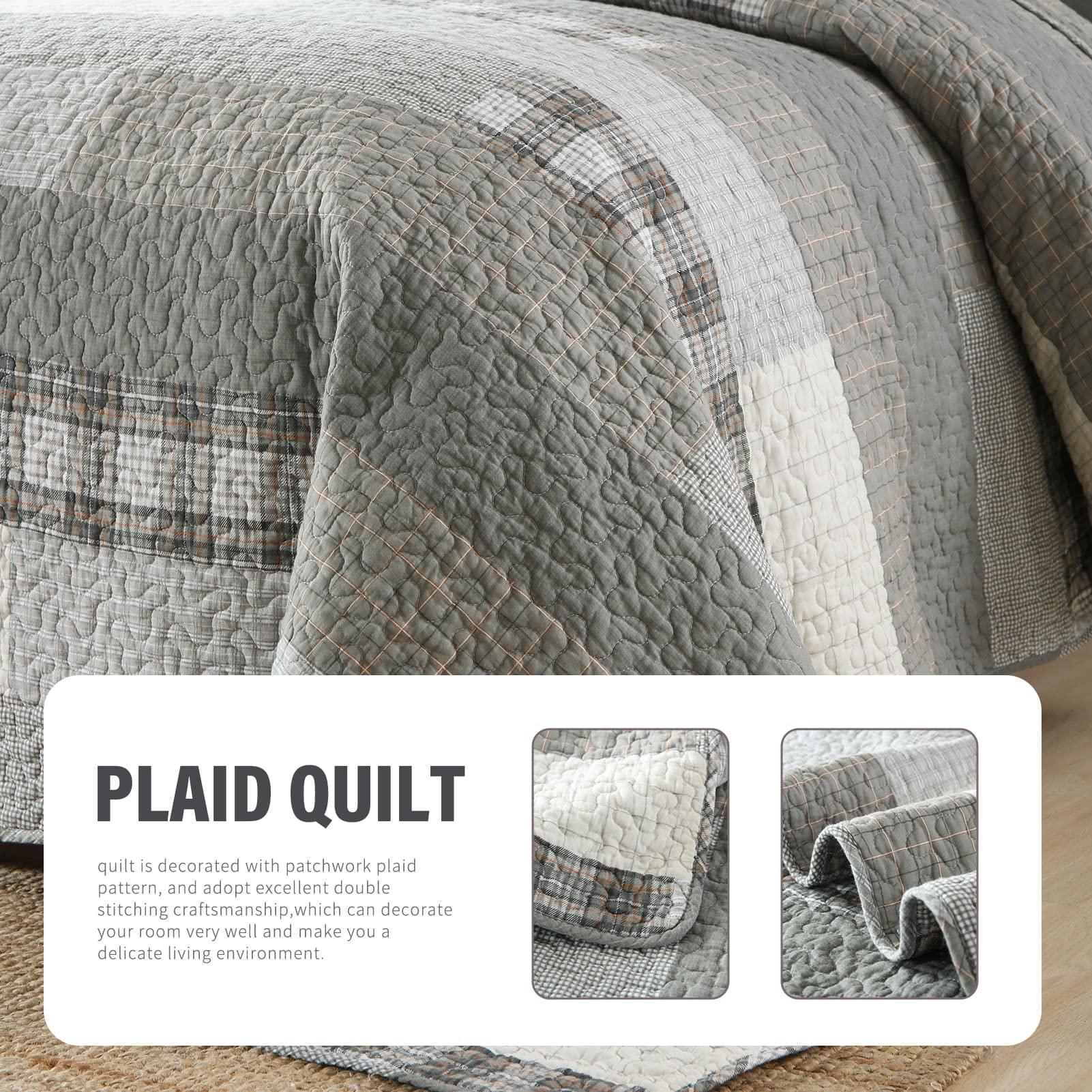 100% Cotton King Size Quilt Set - Soft Plaid Bedspread & Farmhouse Style Bedding | 3-Piece All Season Comforter Set for Master Bedroom, Guest Room & Cozy Home Decor