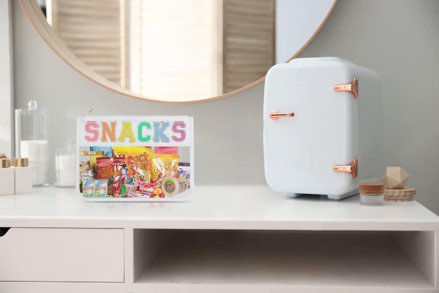 Chenille Letter Snack Pouch - Clear PVC & Nylon Zipper Snack Bag for Travel, School & Organization | Glittery Reusable Food Storage Container for Women & Kids | Perfect for Lunch, Snacks & On-the-Go Meals | White Chenille Letter Bag