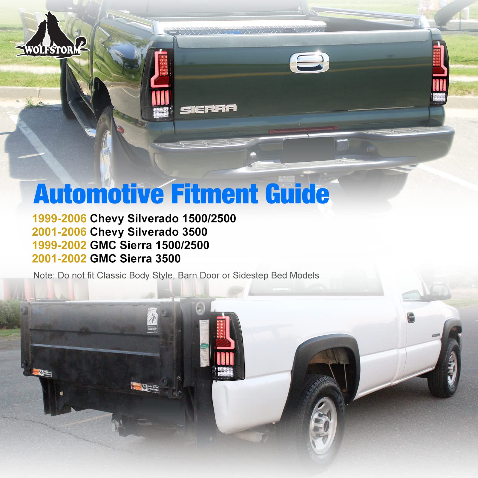 WOLFSTORM LED Tail Lights for 1999-2006 Chevy Silverado & 1999-2002 GMC Sierra - Clear Lens Replacement Assembly (Not Fit Barn Door/Stepside) - Upgrade Truck Lighting for Safety & Style