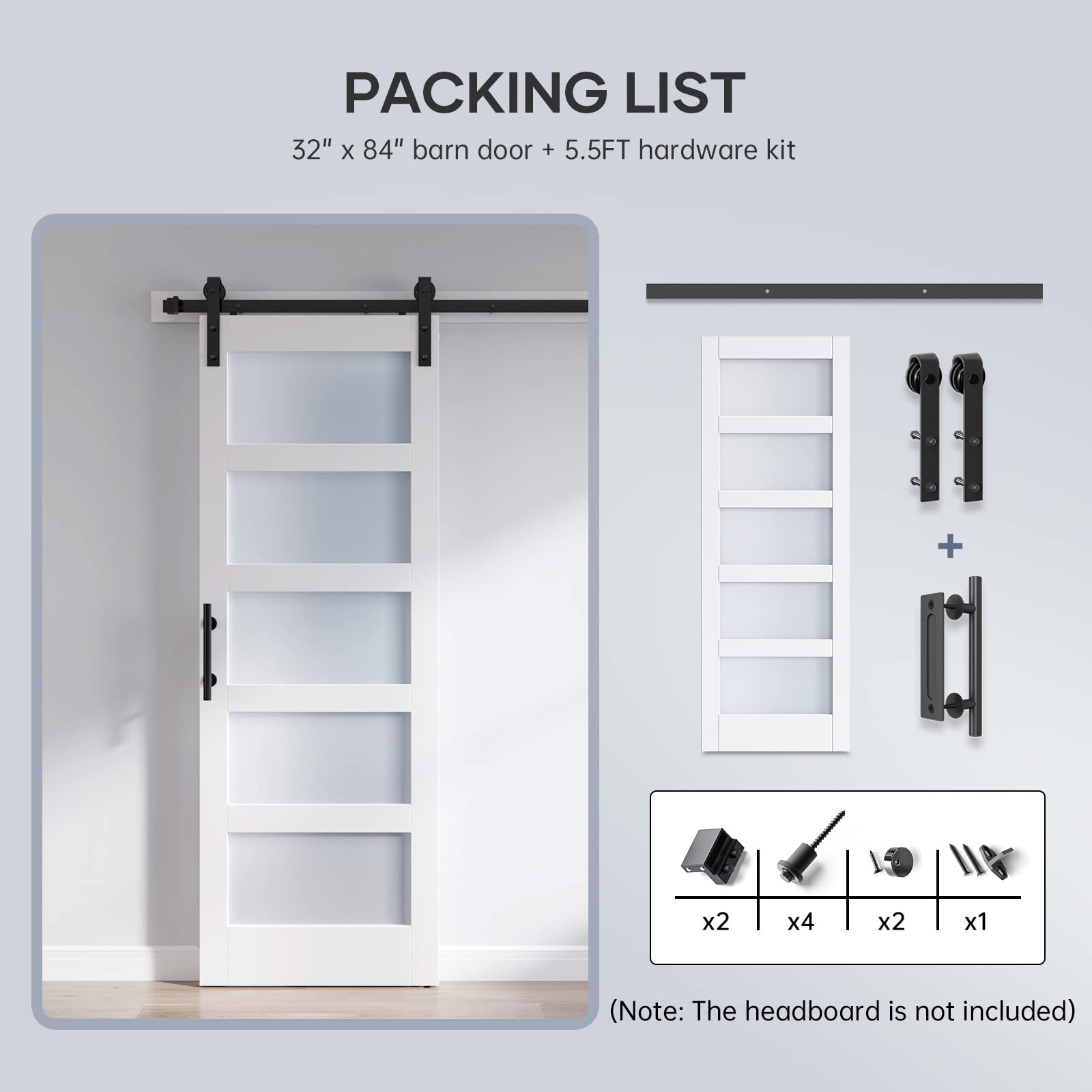 32x84 Inch Frosted Glass Sliding Barn Door with Hardware Kit - White Waterproof & Scratch-Resistant PVC LVL Wood Panel - Easy DIY Installation for Bedroom, Bathroom, or Closet