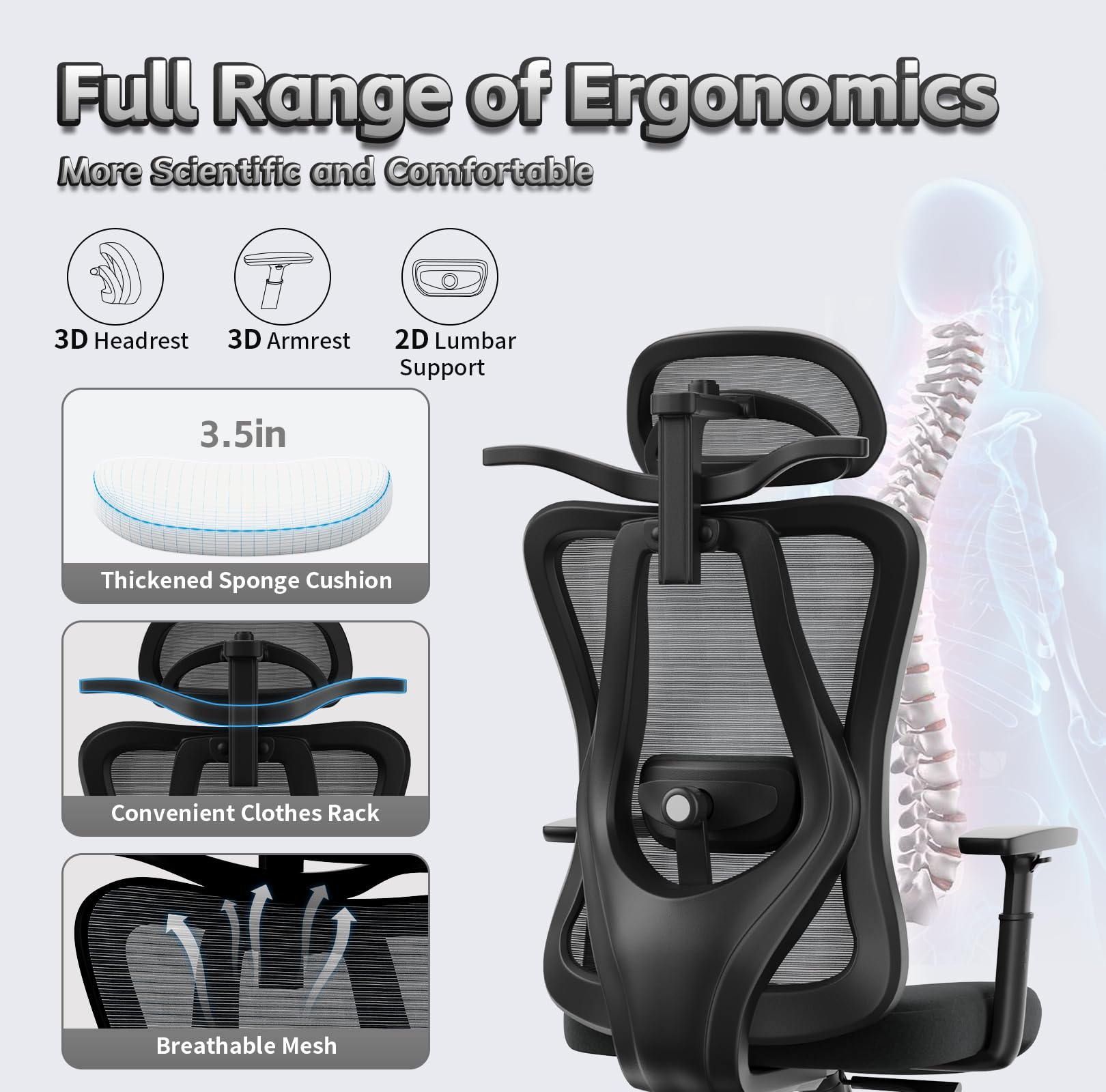 Ergonomic Office Chair with Adjustable Lumbar Support - High Back Mesh Desk Chair, 135° Reclining Backrest, Adjustable Armrests & Headrest - Black - Perfect for Home Office, Gaming & Long Work Sessions