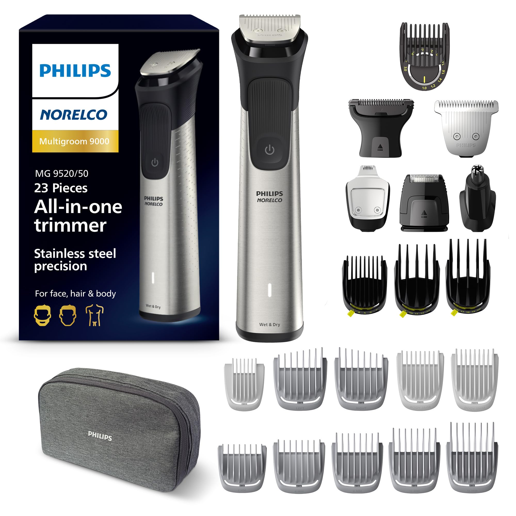 Philips Norelco Multigroom 9000 Series All-in-One Trimmer - 23 Piece Men's Grooming Kit for Beard, Hair, Body, Face, Nose & Ear | Professional Beard Trimmer & Hair Clipper | Perfect for Home & Travel Grooming (Model MG9520/50)