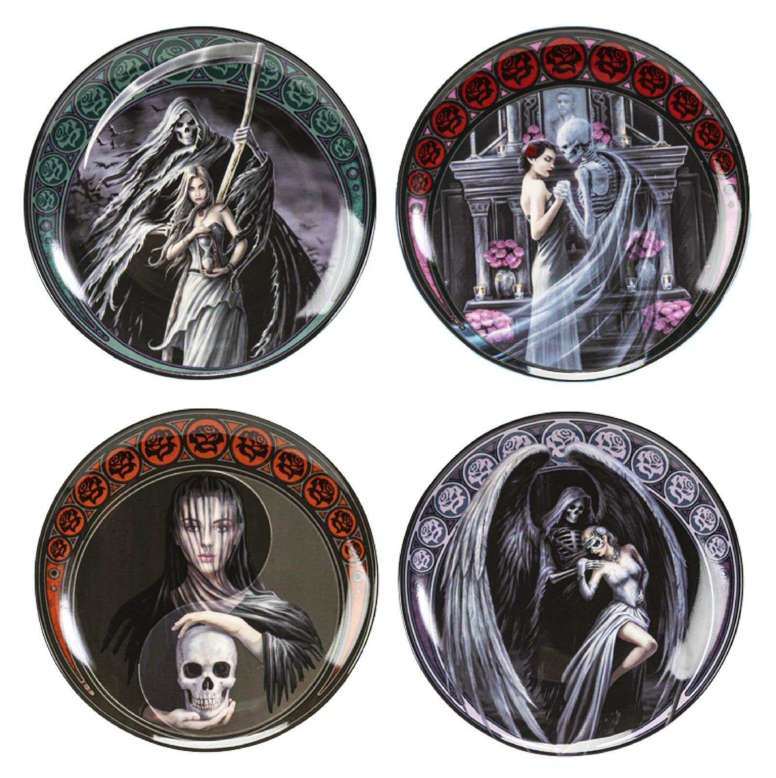 Set of 4 Grim Reaper & Angel Gothic Dinner Plates - Halloween Decor, Unique Dessert Plates for Parties, Home Dining & Gothic Themed Events - Perfect for Halloween, Dark Aesthetic Lovers & Home Decor