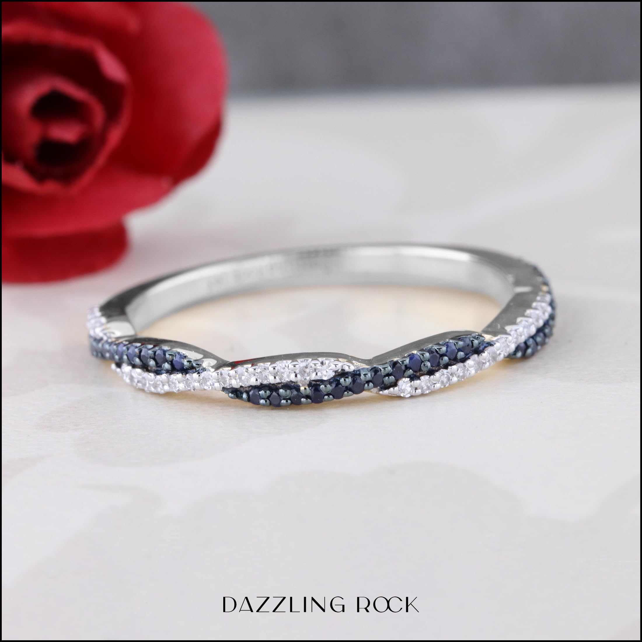 14K Solid Gold Round Blue Sapphire & White Diamond Swirl Stackable Ring for Women | Elegant Wedding, Anniversary & Party Jewelry Gift | Dazzlingrock Collection