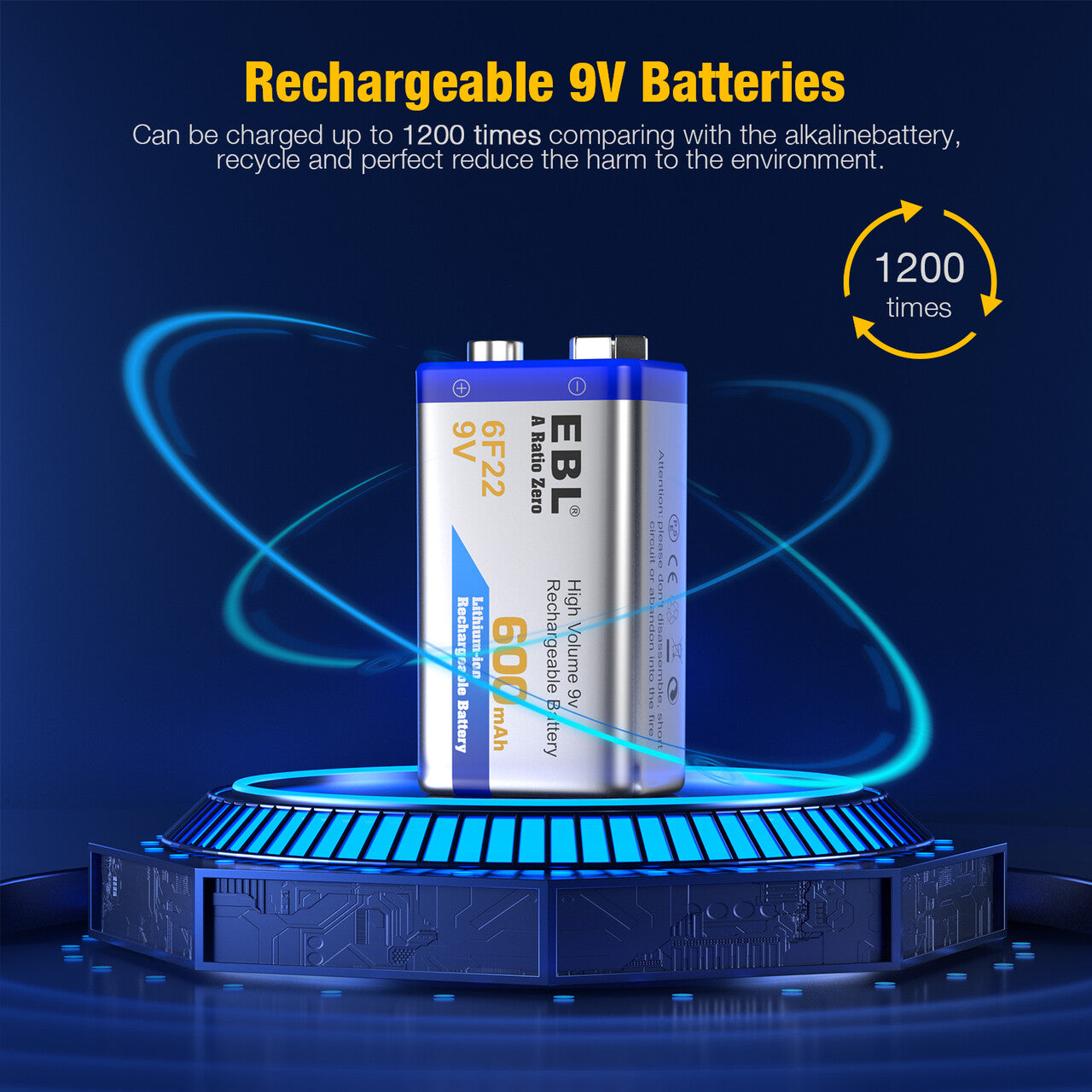 EBL Rechargeable 9V Lithium Ion Batteries with M7014LW Charger - Long Lasting Power for Smoke Detectors, Guitar Pedals & Electronic Devices