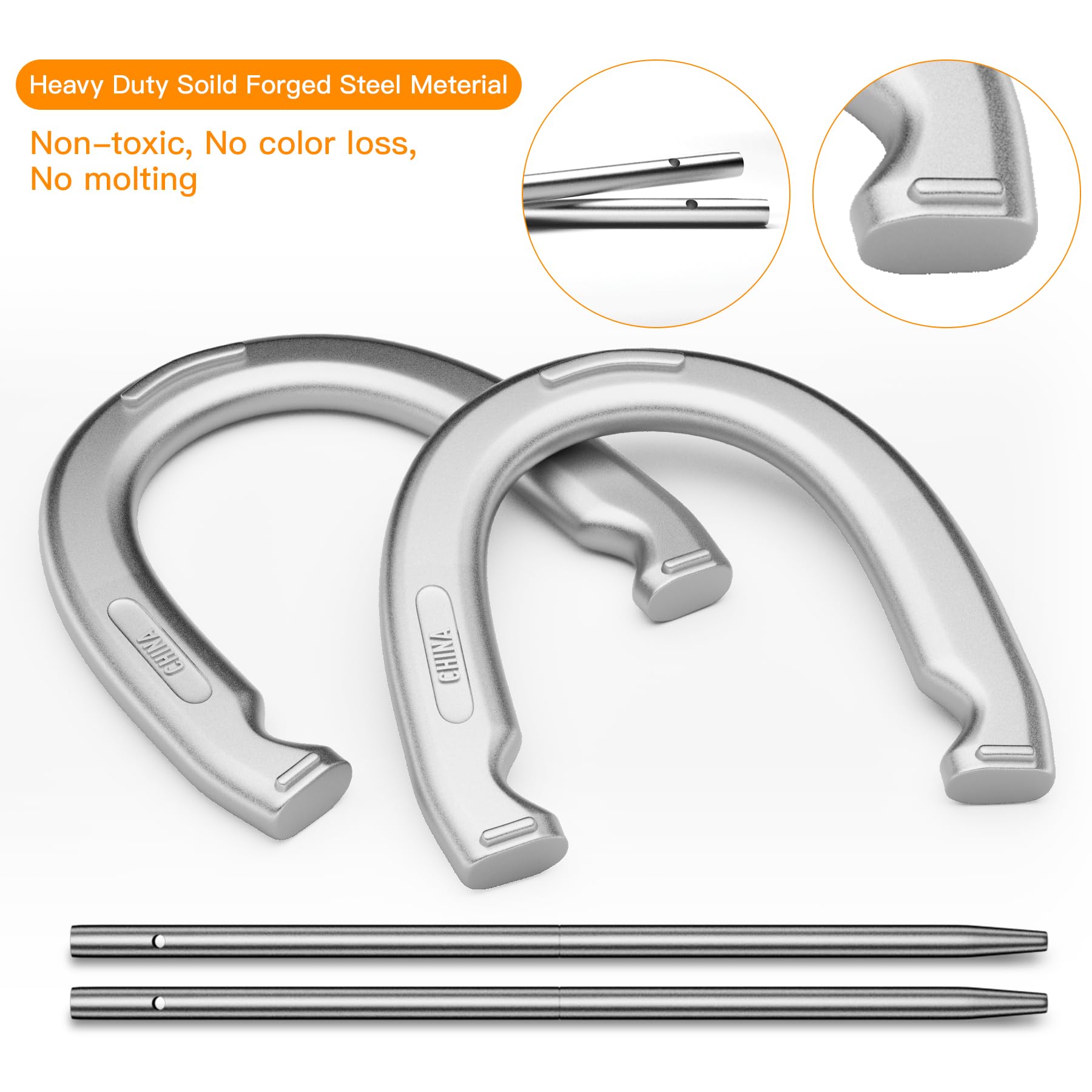 Premium Horseshoe Set - 4 Heavy Duty Forged Steel Horseshoes & 2 Steel Stakes - Regulation Size Outdoor Game for Adults - Perfect for Backyard, Lawn, Beach & Camping Parties