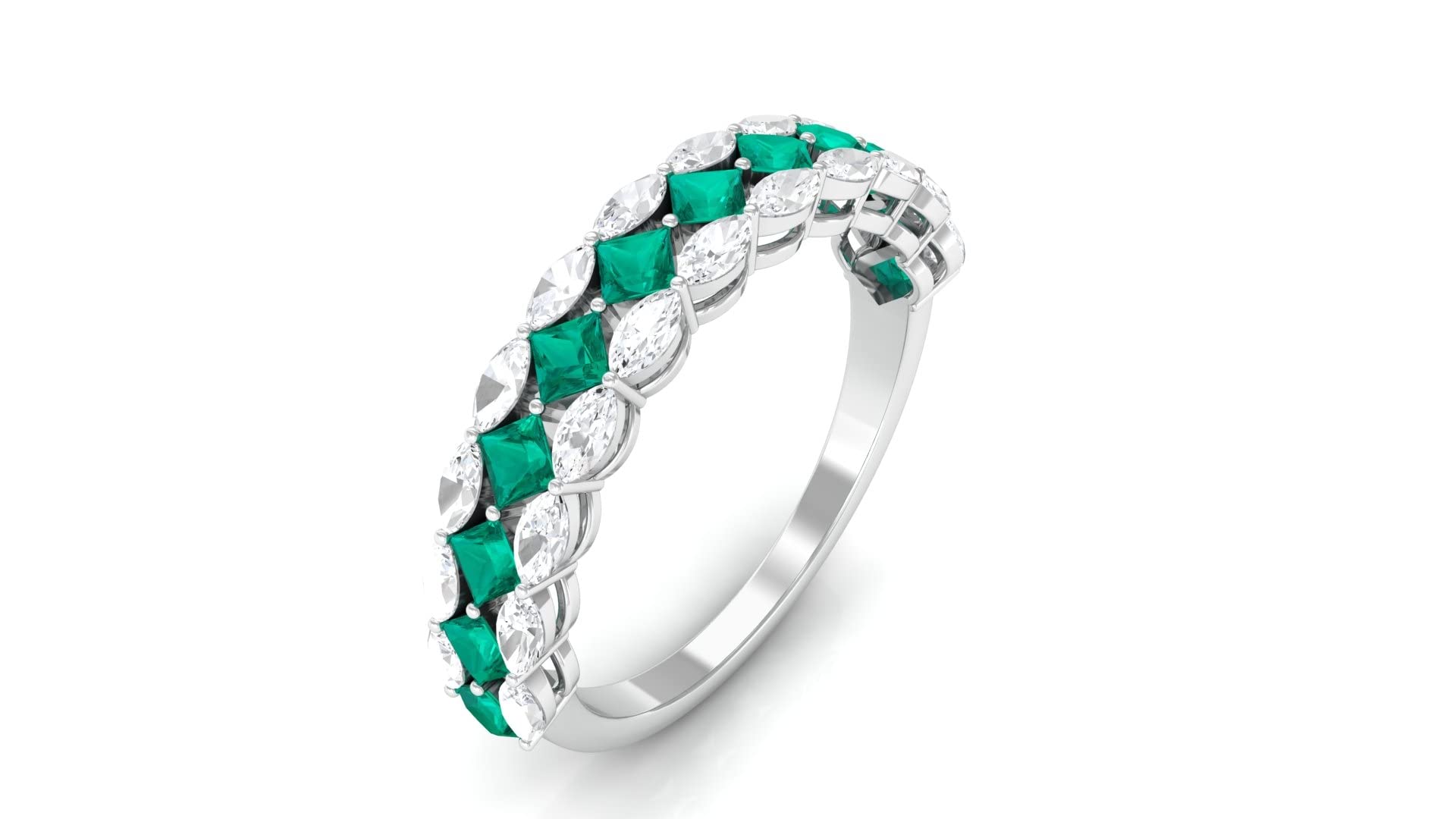 1 CT Emerald and Diamond Band Ring - 14K Solid Gold Half Eternity Ring for Women, Elegant Designer Jewelry for Anniversary, Engagement, Wedding, and Special Occasions