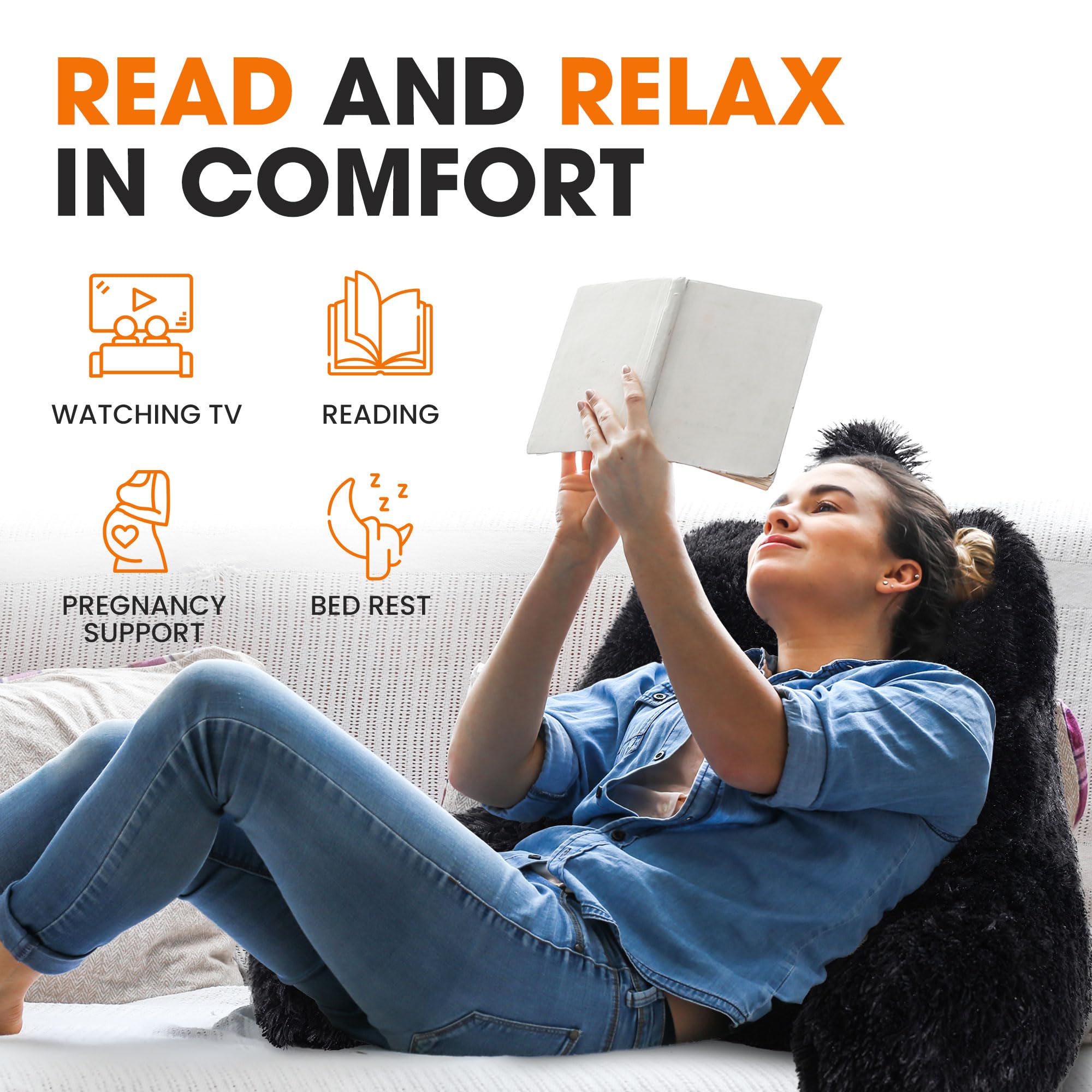 Fluffy Reading Pillow Chair with Arms - Shaggy Hair Chair Pillow for Bed, Couch & Floor Lounging | Comfortable Back Support for Reading, Gaming & Relaxing | Black Cheer Collection