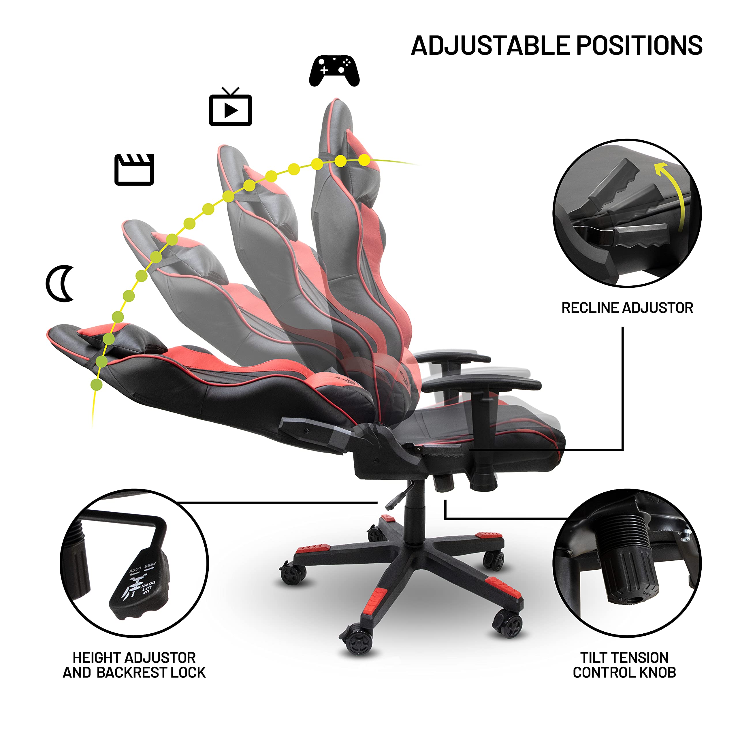 YEYIAN Ergonomic Gaming Chair with Lumbar Support - Adjustable Reclining PC Racing Seat for Esports, Office & Home - High Back Computer Chair with Headrest, Soft Cushion & 330lbs Capacity (Red) - Perfect for Long Gaming Sessions & Work from Home Comfort
