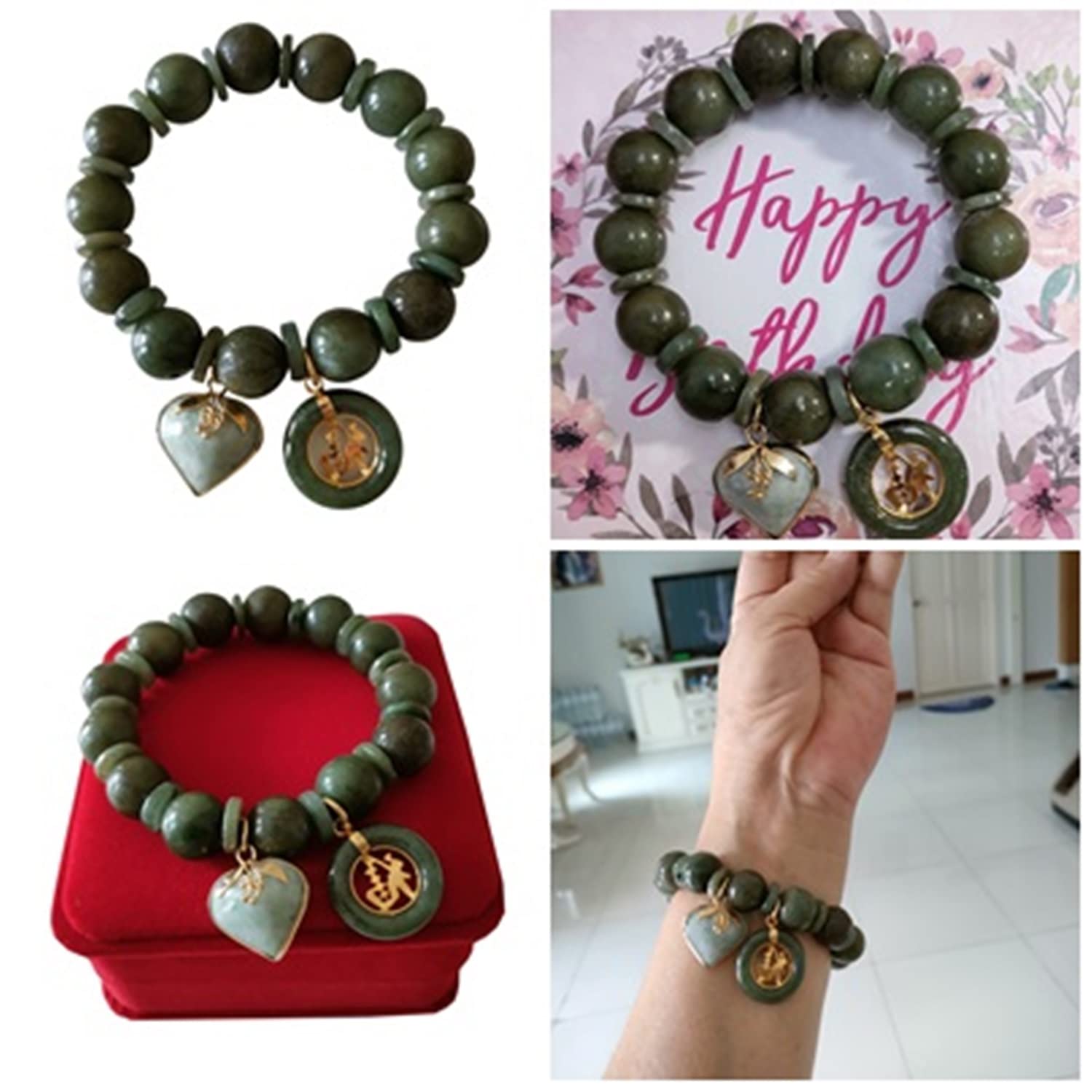 14mm Round Jade Bracelet for Women - Genuine Healing Gemstone with Heart & Coin Pendant - Lucky Money & Success Charm - Adjustable 6.75 Inch for Plus Size - Perfect for Meditation, Gifts & Positive Energy