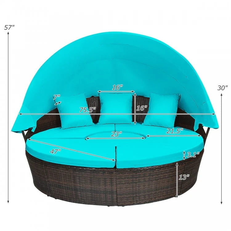 Turquoise Rattan Patio Daybed with Retractable Canopy & Adjustable Coffee Table - Outdoor Lounge Furniture for Poolside, Garden, or Backyard Relaxation