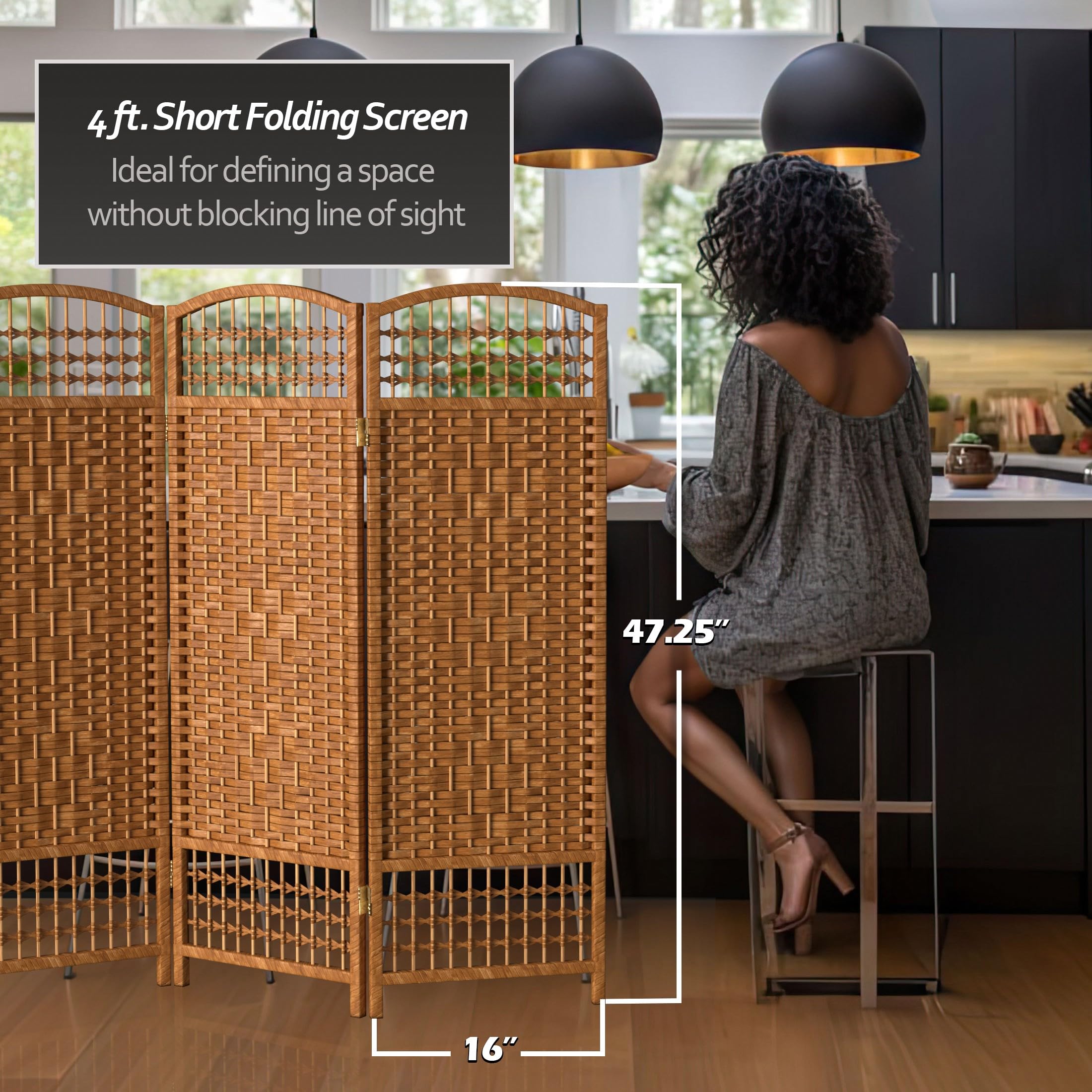 4 ft. Short Fiber Weave Folding Room Divider - Dark Beige 6-Panel Privacy Screen for Home, Office & Events | Space Separator for Living Room, Bedroom & Wedding Decor