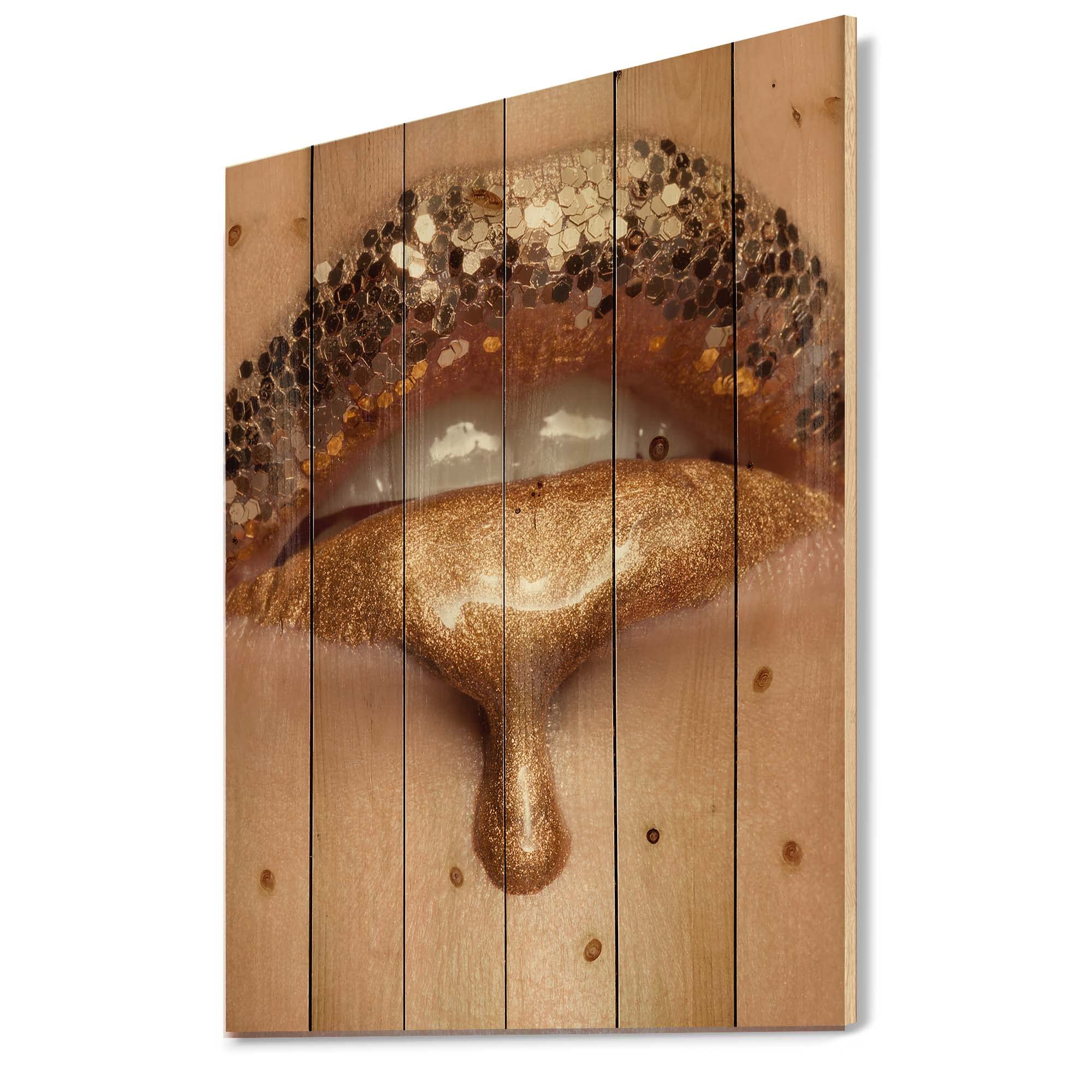 DesignQ Gold Liquid Lips Close-Up Makeup Wood Wall Art - Modern & Contemporary Large Wood Wall Decor Panels Printed on Natural Pine - Perfect for Living Room, Bedroom & Office Décor