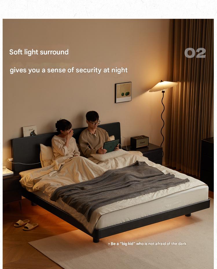 Solid Oak Wood Luminous Floating Bed Frame - Modern Platform Bed with LED Lighting for Bedroom, Guest Room or Dorm