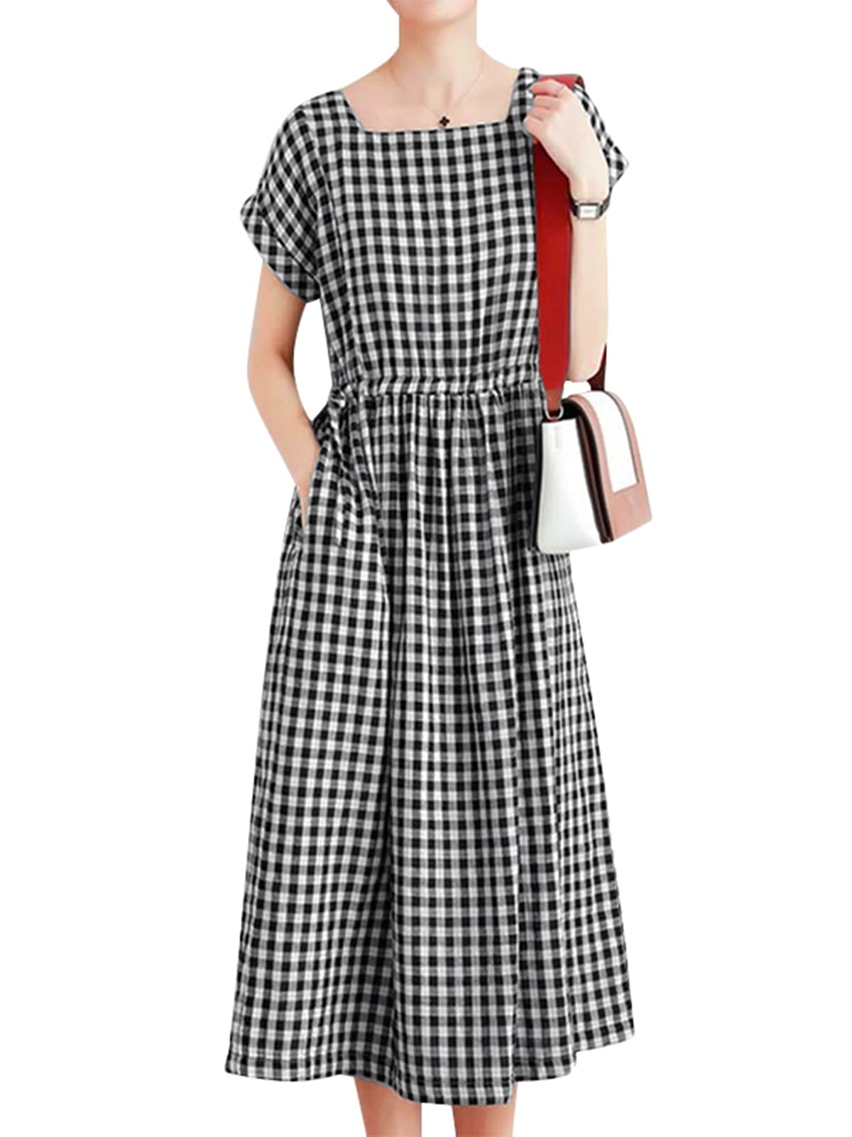 ZANZEA Women's Summer Plaid Maxi Dress - Round Neck Short Sleeve Loose Casual Long Dress for Beach, Vacation & Everyday Wear