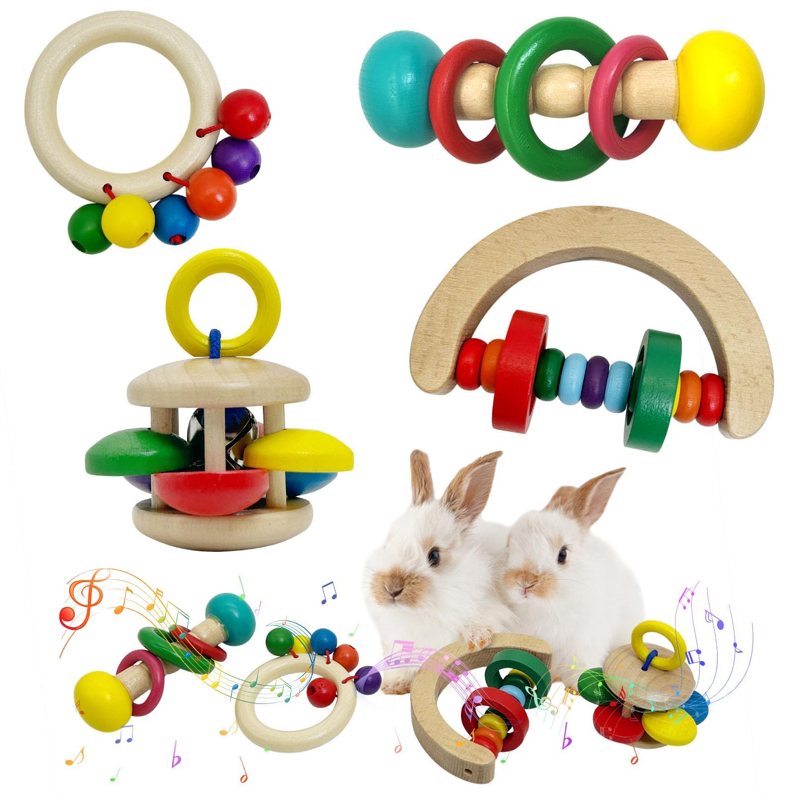 4 PCS Wooden Rabbit Chew Toys for Small Pets - Interactive Bunny Toys for Chinchillas, Hamsters, Guinea Pigs & Rats - Natural Wooden Teeth Grinding Toys for Indoor & Outdoor Play - Perfect for Cage Enrichment and Dental Health
