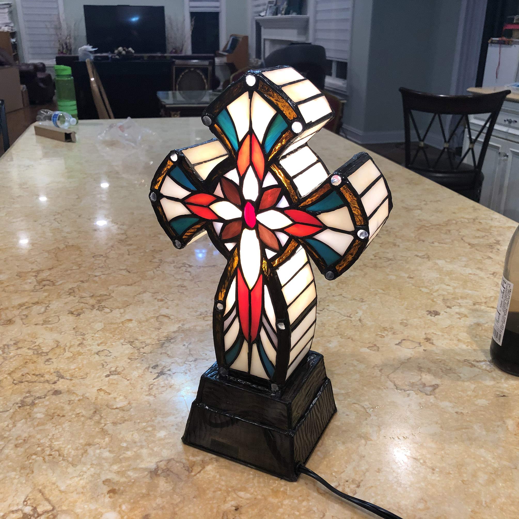 FixtureDisplays Tiffany Style Lighted Cross Tabletop Decor - Stainless Steel & Glass Christian Gift with LED Lamp (7.5
