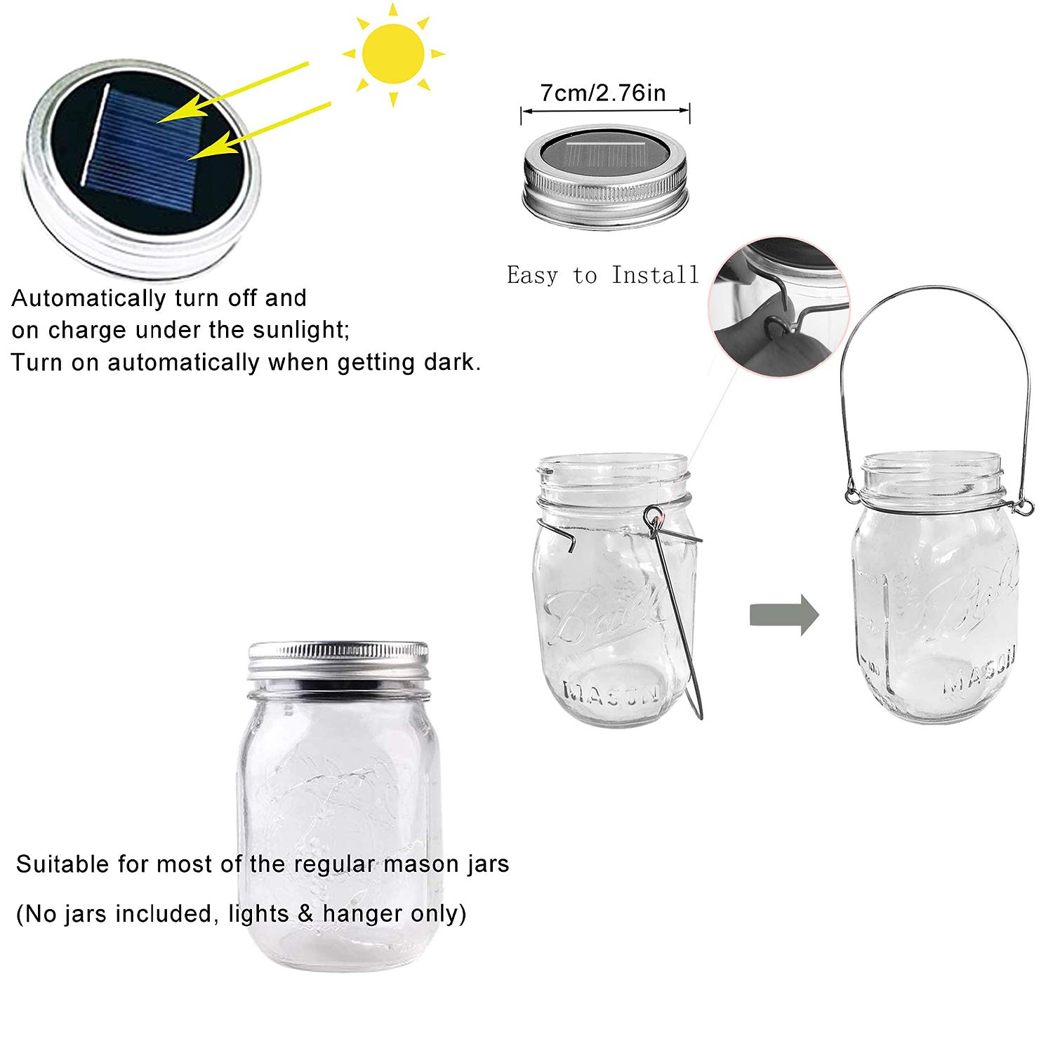 Solar Mason Jar Lid Lights - 10 Pack 30 LED String Fairy Lights with Hangers for Mason Jar Decor | Waterproof Outdoor Solar Lanterns for Patio, Garden, Wedding, Party & Table Decoration (Jars Not Included)