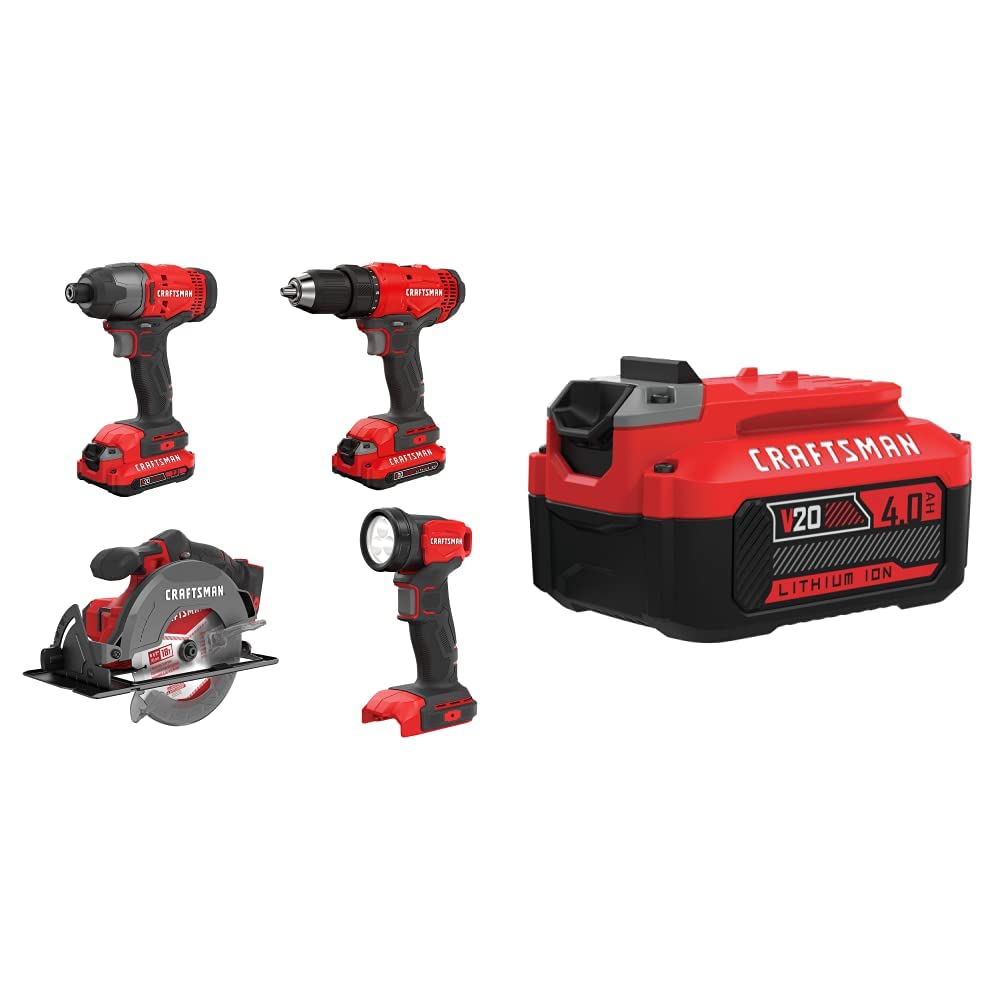 CRAFTSMAN V20 MAX 4-Tool Cordless Power Tool Combo Kit with (1) 4.0Ah Lithium-Ion Battery (CMCK401D2 & CMCB204) - Perfect for DIY Home Projects, Woodworking, and Professional Construction Work