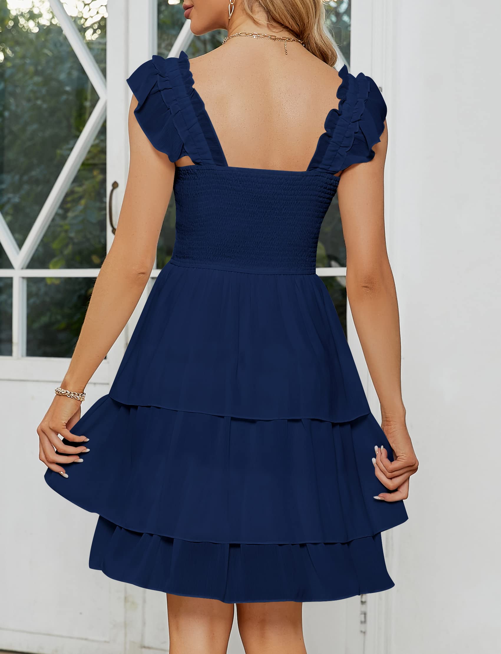 YATHON Women's Smocked Ruffle Mini Dress - Square Neck Sleeveless Tiered Party Dress for Wedding Guest, Beach Vacation & Summer Outings