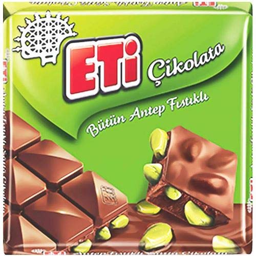 Premium Eti Turkish Milk Chocolate Bars with Roasted Pistachios - 2.46oz (24 Bars) - Gourmet Snacks, Gift Box, Party Treats & Dessert Toppings