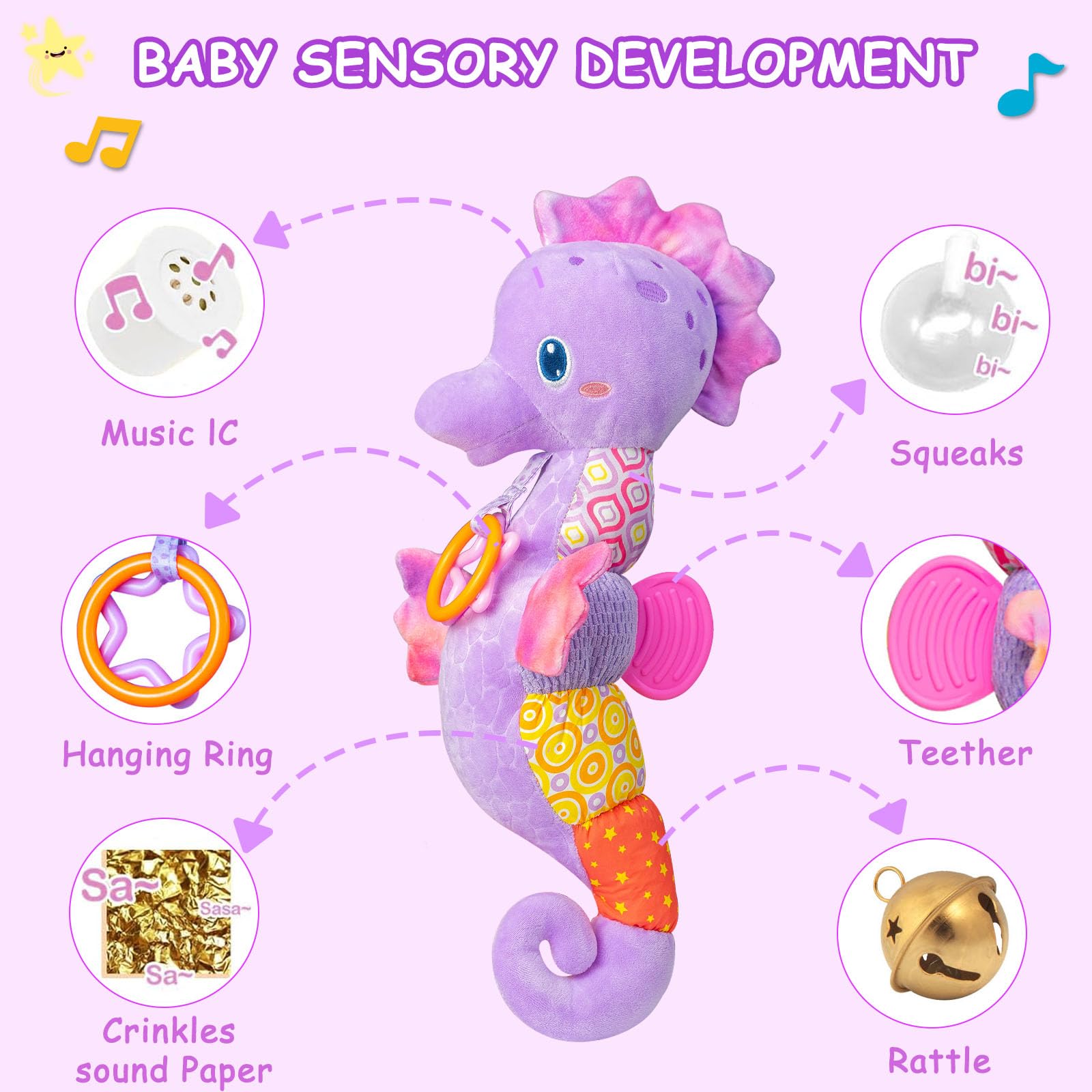 Fuzqq Musical Stuffed Animal Toy for Babies 0-12 Months - Soft, Crinkle & Rattle for Sensory Play