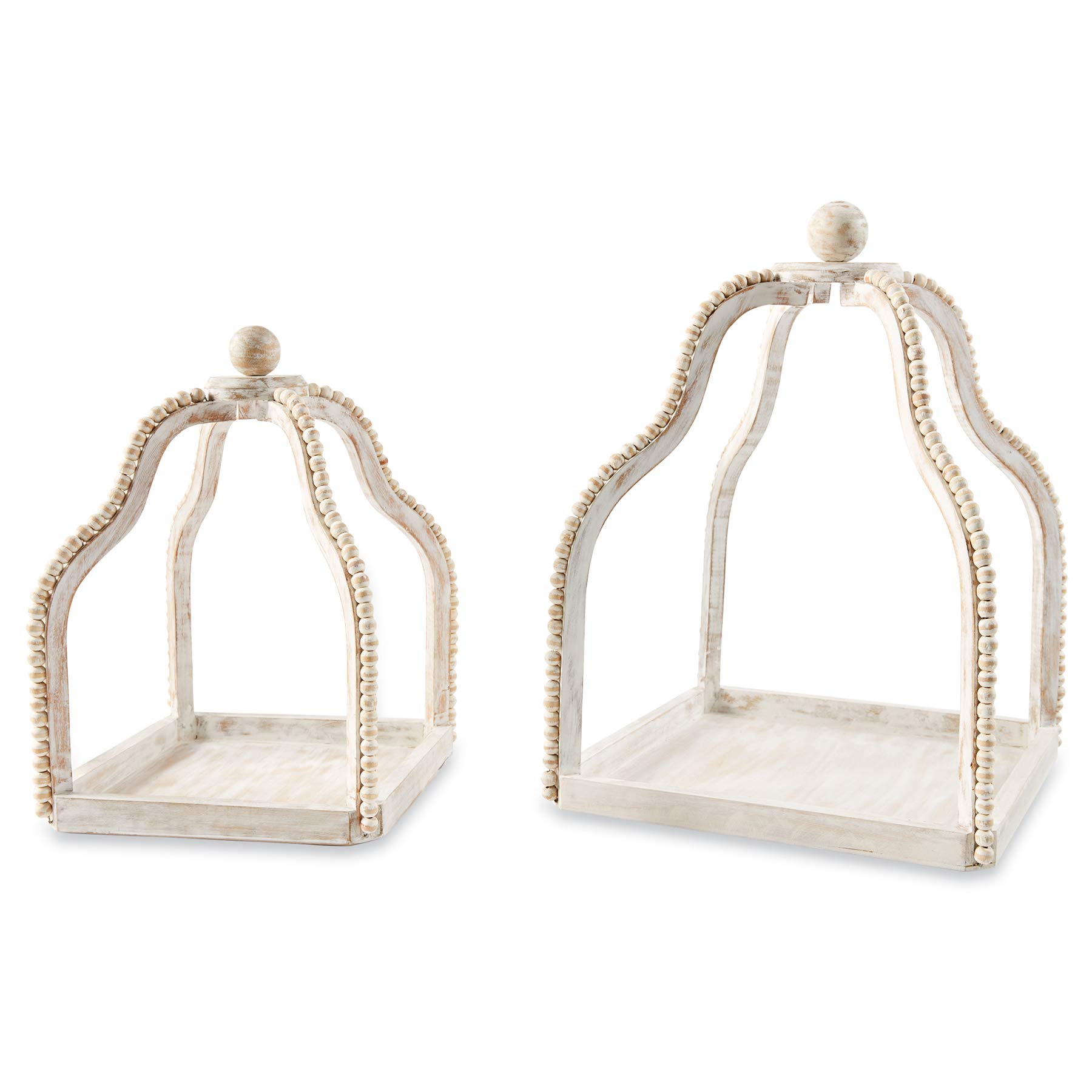 Distressed White Wash Wood Beaded Lantern Set by Mud Pie - Rustic Farmhouse Decor for Patio, Garden, Wedding & Home Decoration
