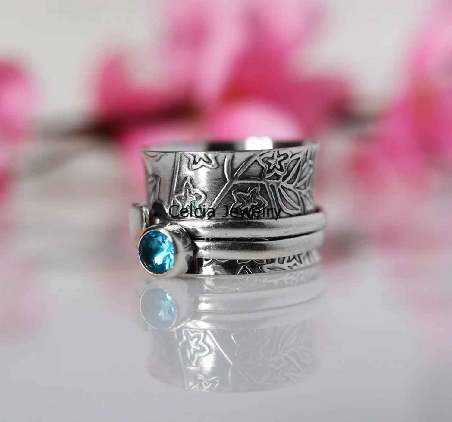 Natural Blue Topaz Heart Spinner Ring for Women & Men - November Birthstone Jewelry, Love & Meditation Spinning Fidget Ring - Size 7 - Perfect for Stress Relief, Birthday Gifts & Everyday Wear