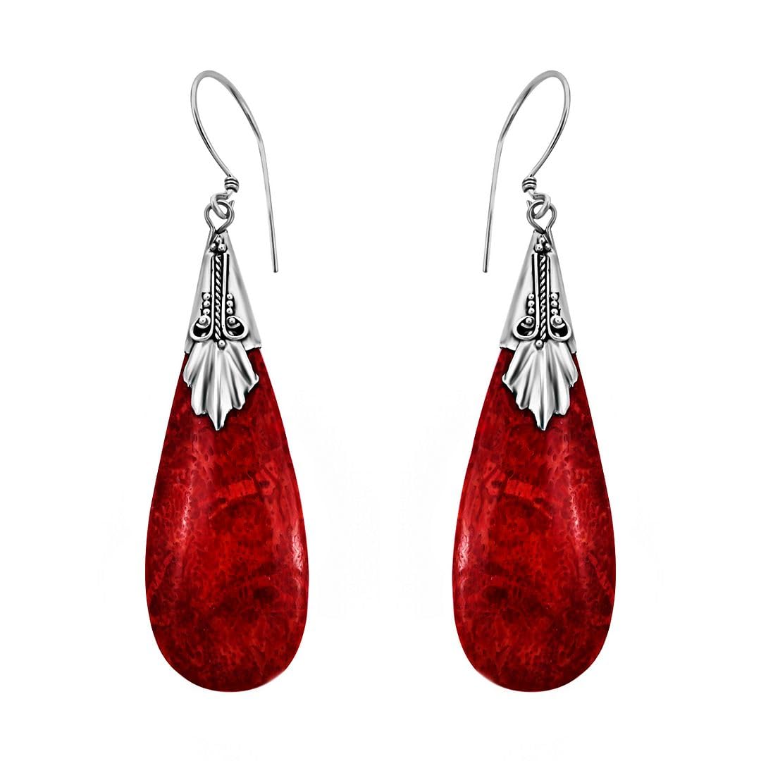 925 Sterling Silver Red Coral Dangle Earrings for Women - Handmade Vintage Boho Drop Earrings with Birthstone | Perfect Birthday Gift, Wedding Accessory & Everyday Boho Jewelry