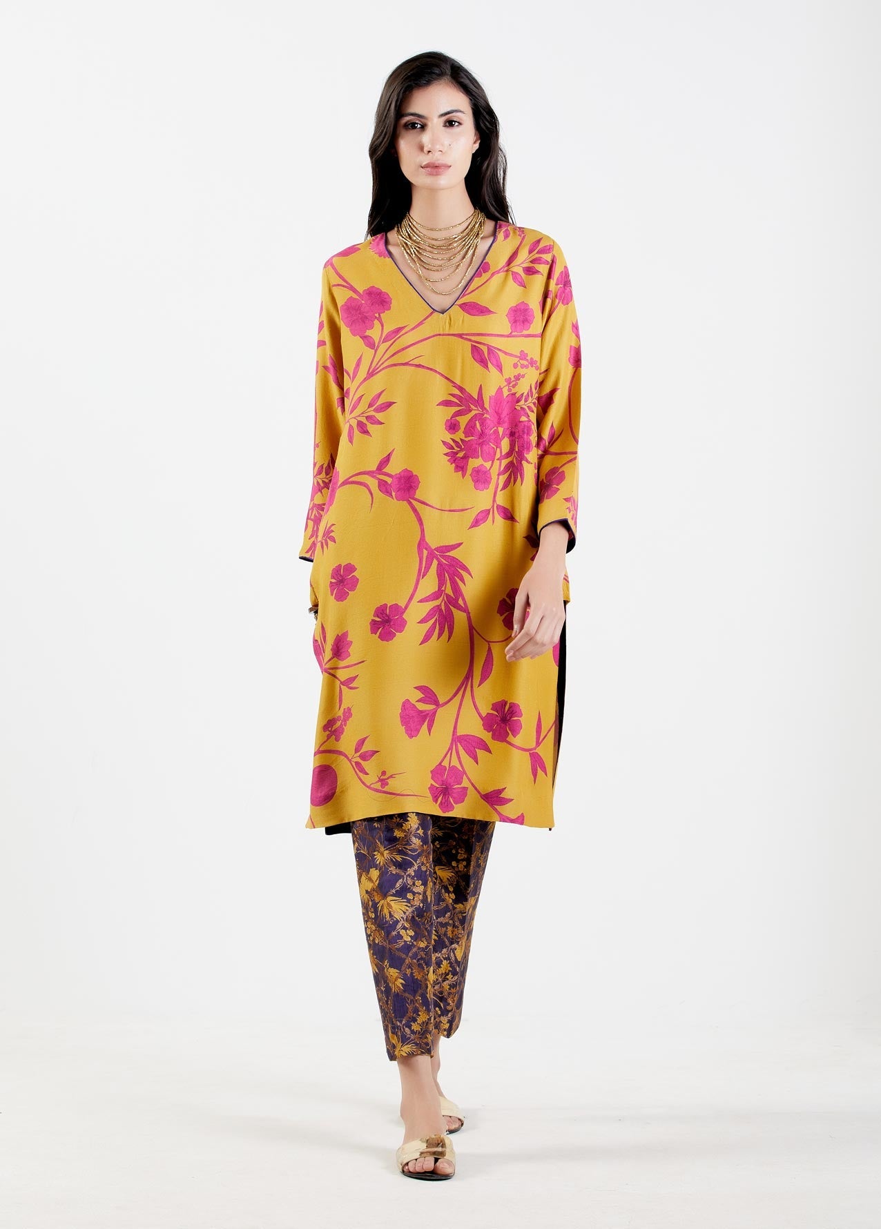 Elegant V Neck Kurta for Women - Premium Muga Satin Fabric - Comfortable & Stylish Indian Ethnic Wear - Perfect for Festivals, Weddings & Special Occasions