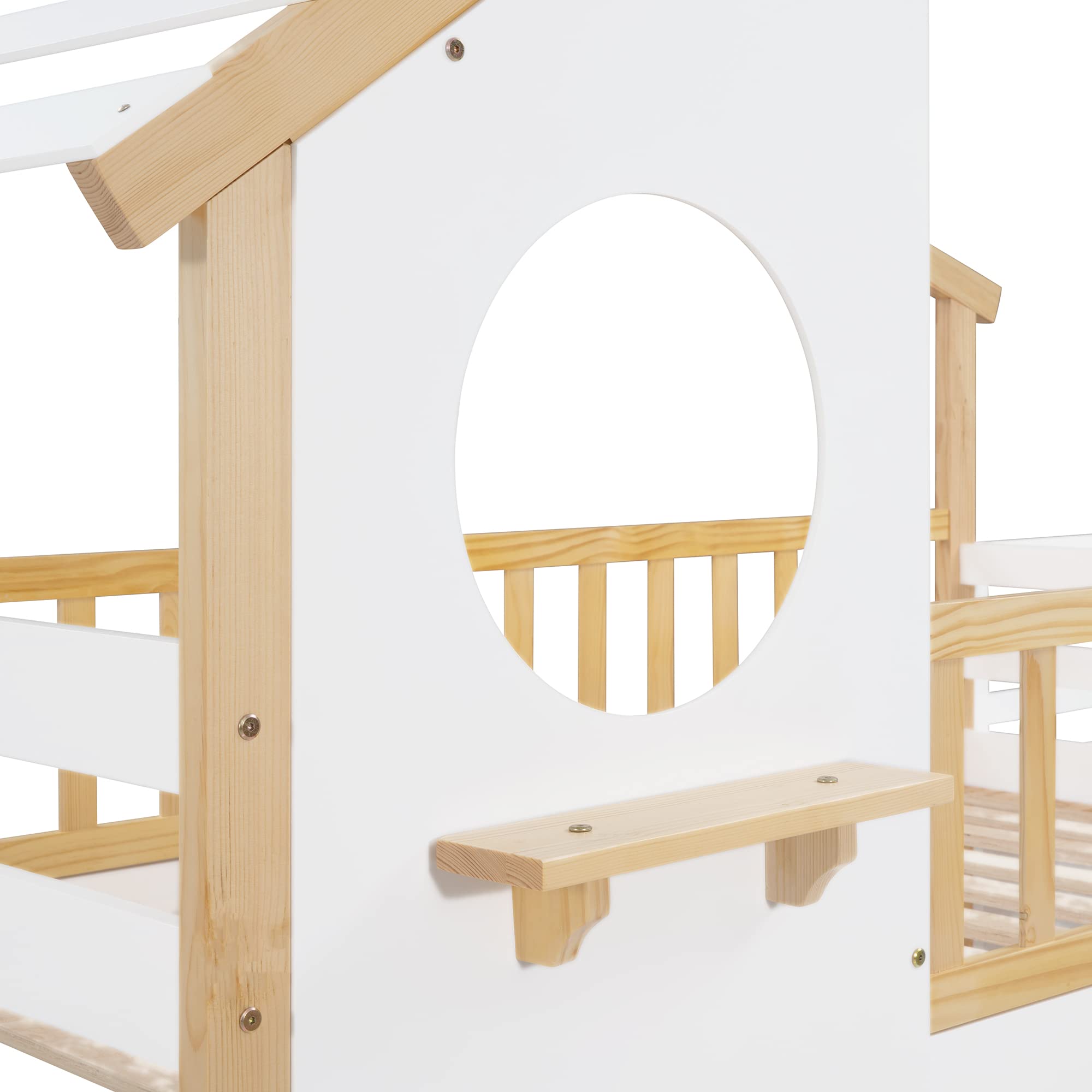 MERITLINE Twin Over Twin Low Bunk Bed with Roof & Stairs - Solid Wood Bunk Bed for Kids, Girls & Boys in Natural White Finish | Space-Saving Bedroom Solution for Siblings & Sleepovers