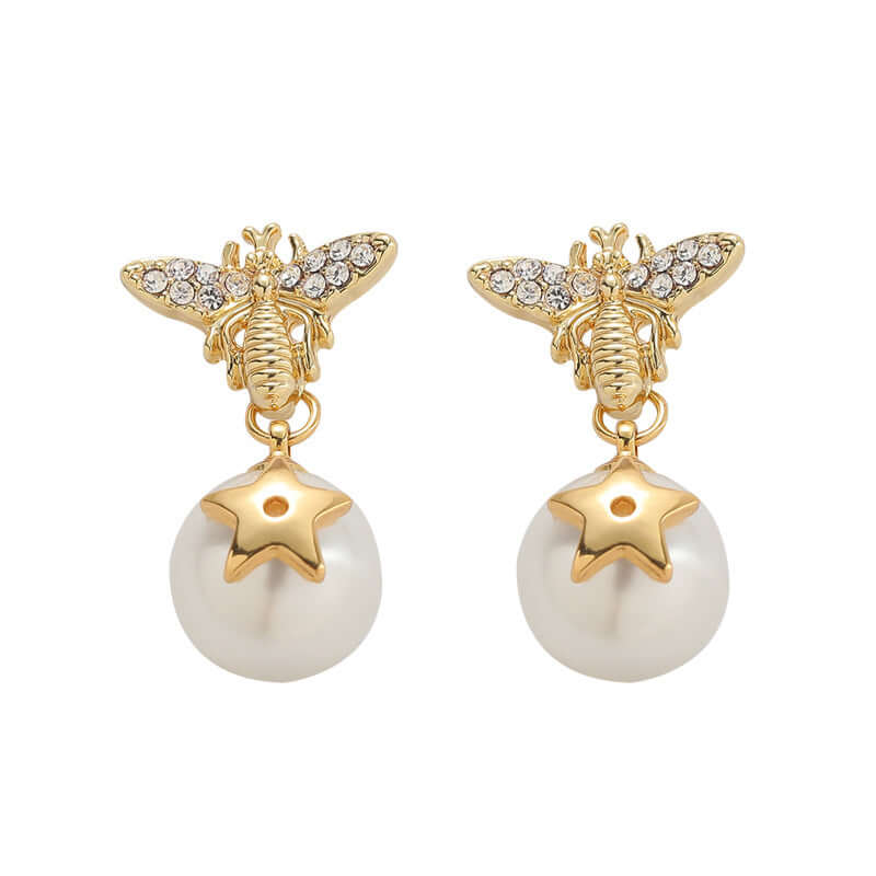 Dainty Bumble Bee Pearl Drop Earrings for Women - Elegant Gold Plated Dangle Earrings with Freshwater Pearls | Perfect for Weddings, Parties & Everyday Wear (DMS271)