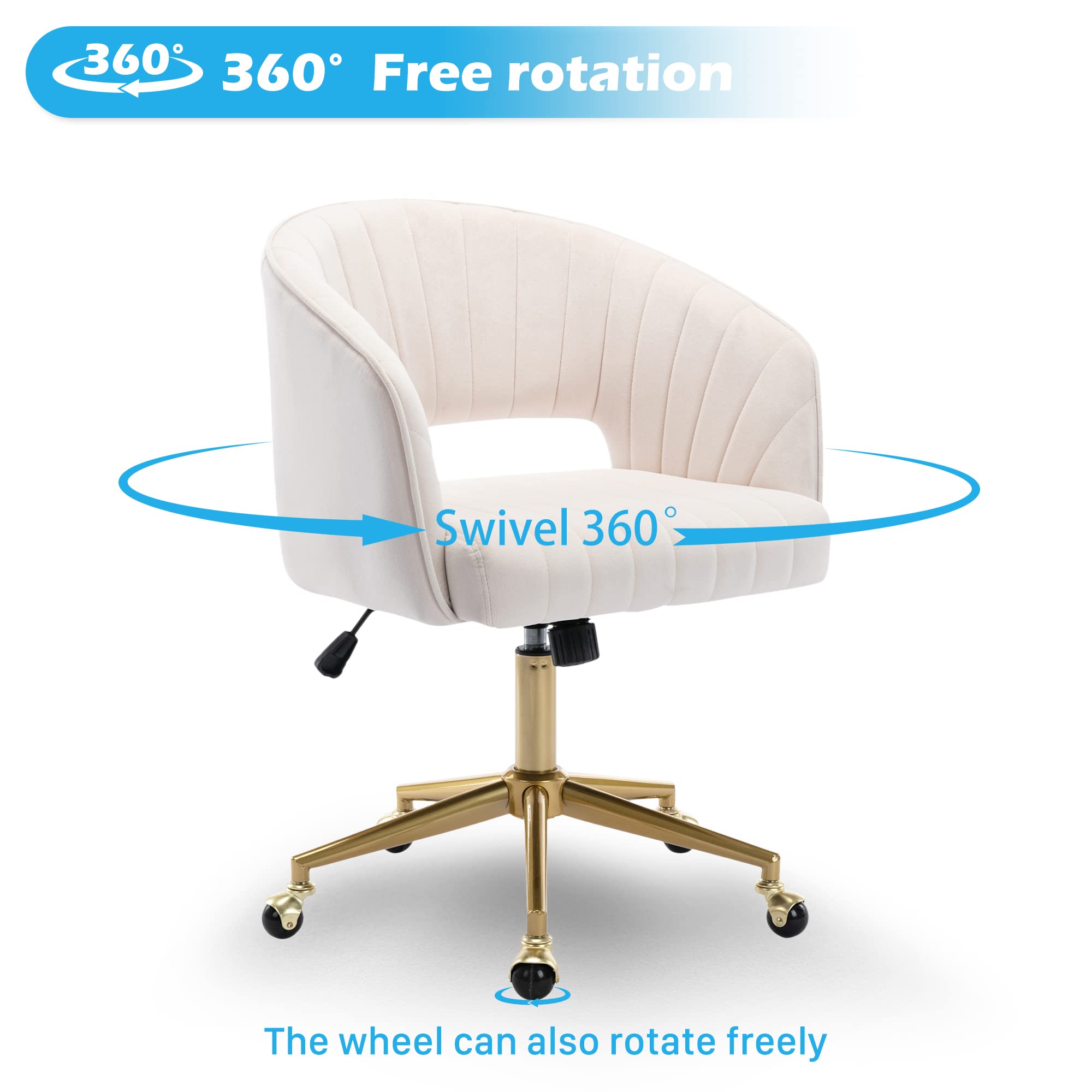 Ergonomic Velvet Swivel Office Chair with Gold Base - Modern Tufted Desk Chair for Women, Girls - Comfortable Computer Task Stool for Home Office, Study, Living Room (Cream) - Perfect for Remote Work, Gaming & Relaxation