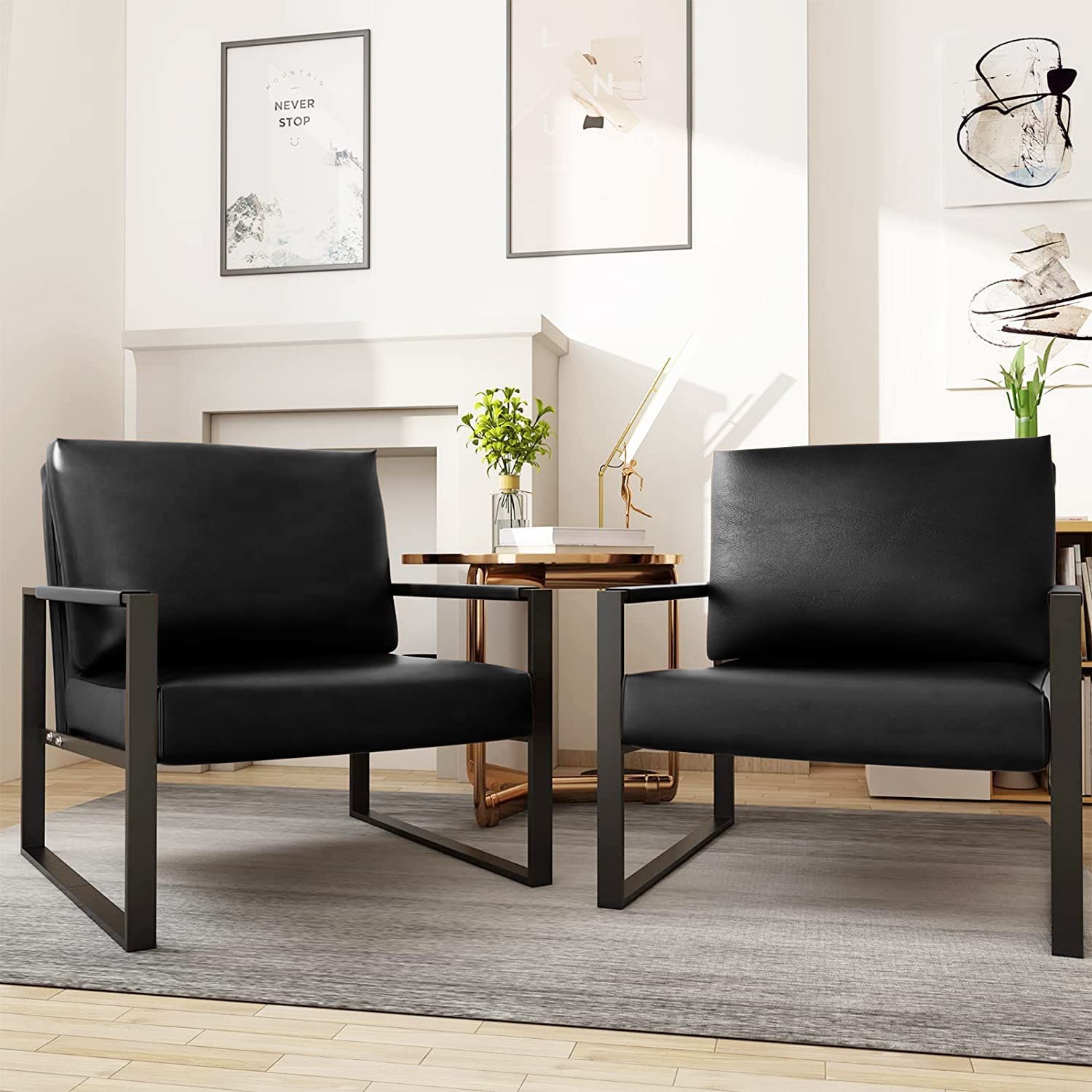 Recaceik Set of 2 Modern PU Leather Accent Chairs with Ergonomic Cushions - Sturdy Metal Frame Armchairs with Anti-Scratch Foot Pads for Living Room, Lounge, Office & Waiting Areas