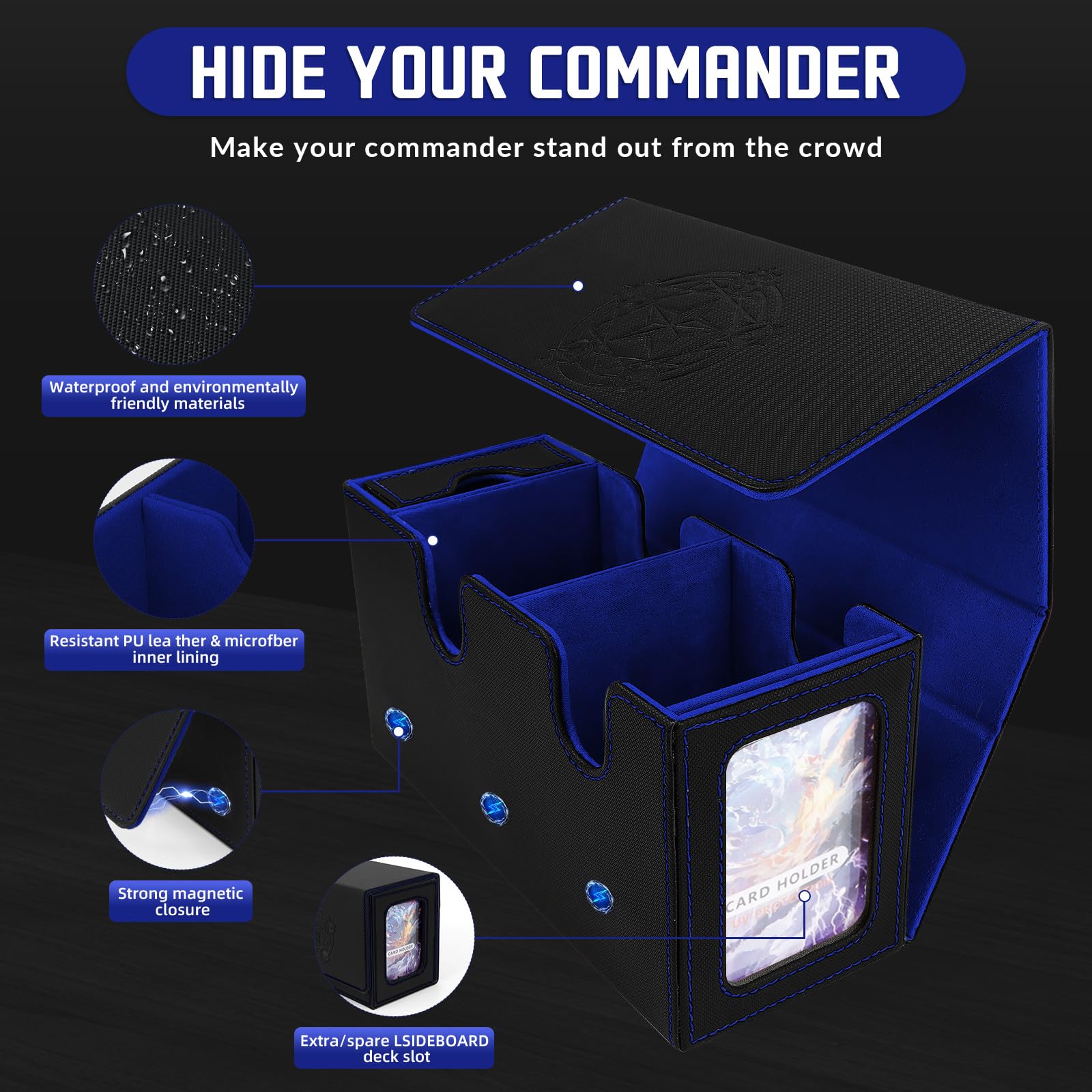 Premium MTG Deck Box for Commander - Magic the Gathering Card Storage with Dice Tray, 2 Dividers & 35PT Magnetic Holder - Holds 200+ Sleeved Cards (Black & Blue) - Perfect for MTG Tournaments, Game Nights & Card Collection Organization
