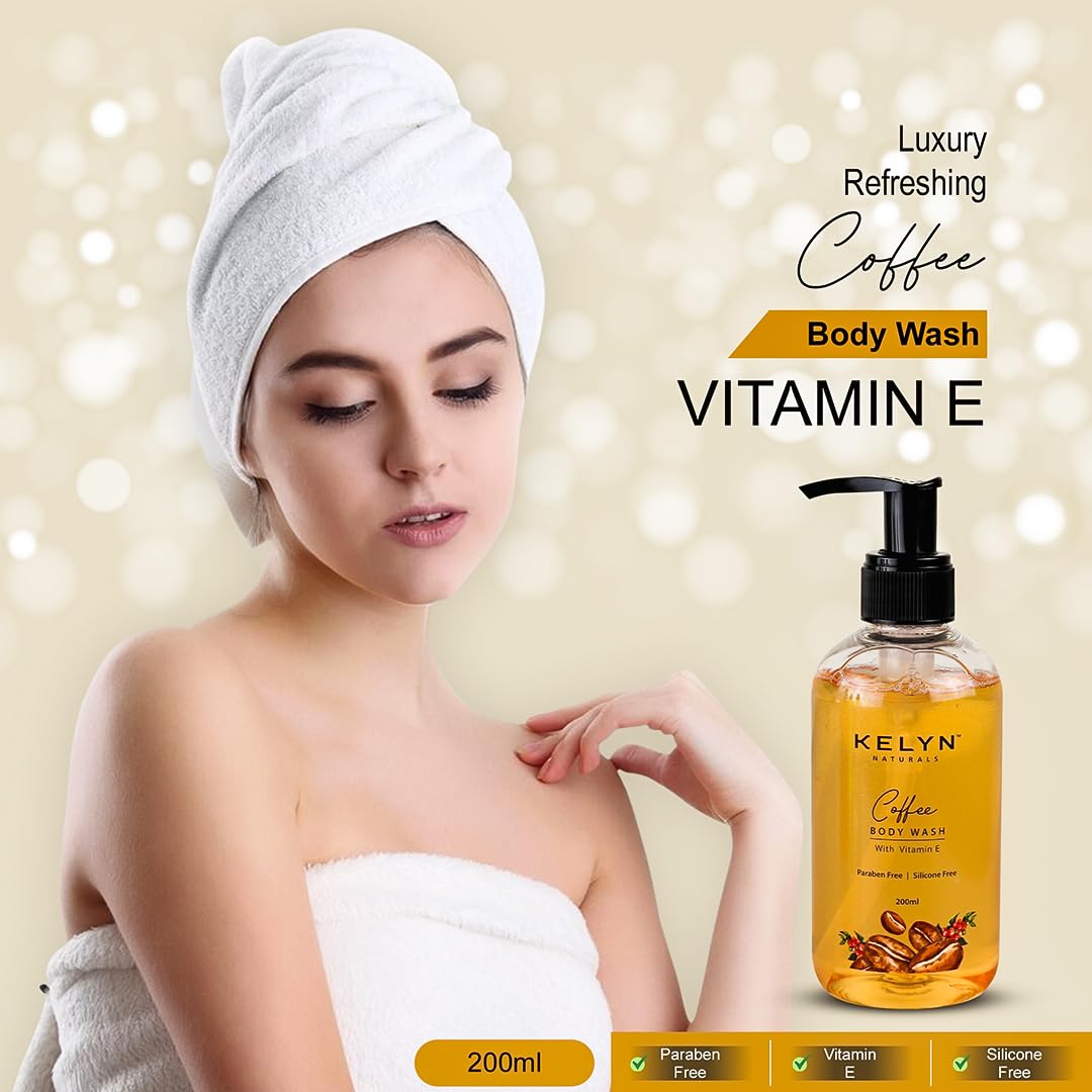 KELYN Vitamin E Coffee Body Wash & Shower Gel - Moisturizing, Deep Cleansing for Hydrated & Glowing Skin | Paraben & Silicone Free | Extra Foam 200ml | Perfect for Morning Energy Boost & Relaxing Nighttime Shower