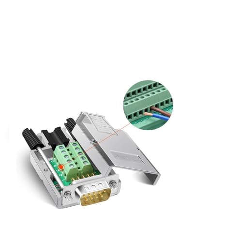 DB9 Male Solderless Shielded Metal Hood RS232 D-SUB Serial Adapter - Breakout Connector for Industrial Automation, CCTV & Computer Networking
